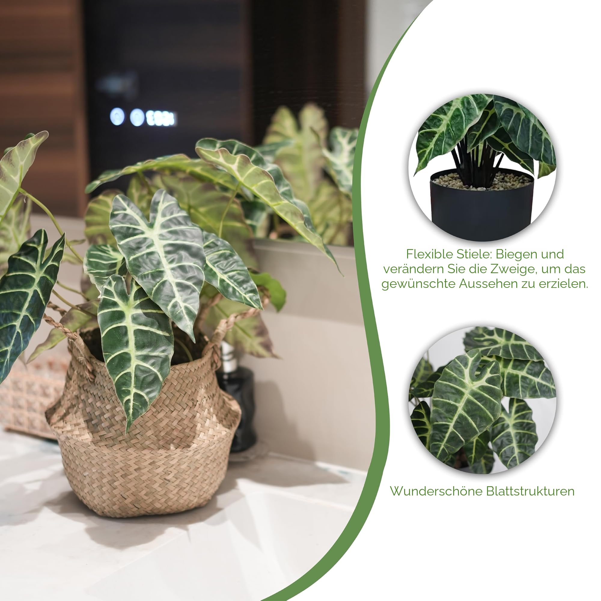 Kunstpflanze Alocasia 46cm – 20 Blätter mit weißen Adern wie echt | Künstliche Pflanzen groß für Wohnzimmer, Schlafzimmer, Büro & Balkon | Fake Plant Zimmerpflanzen Deko