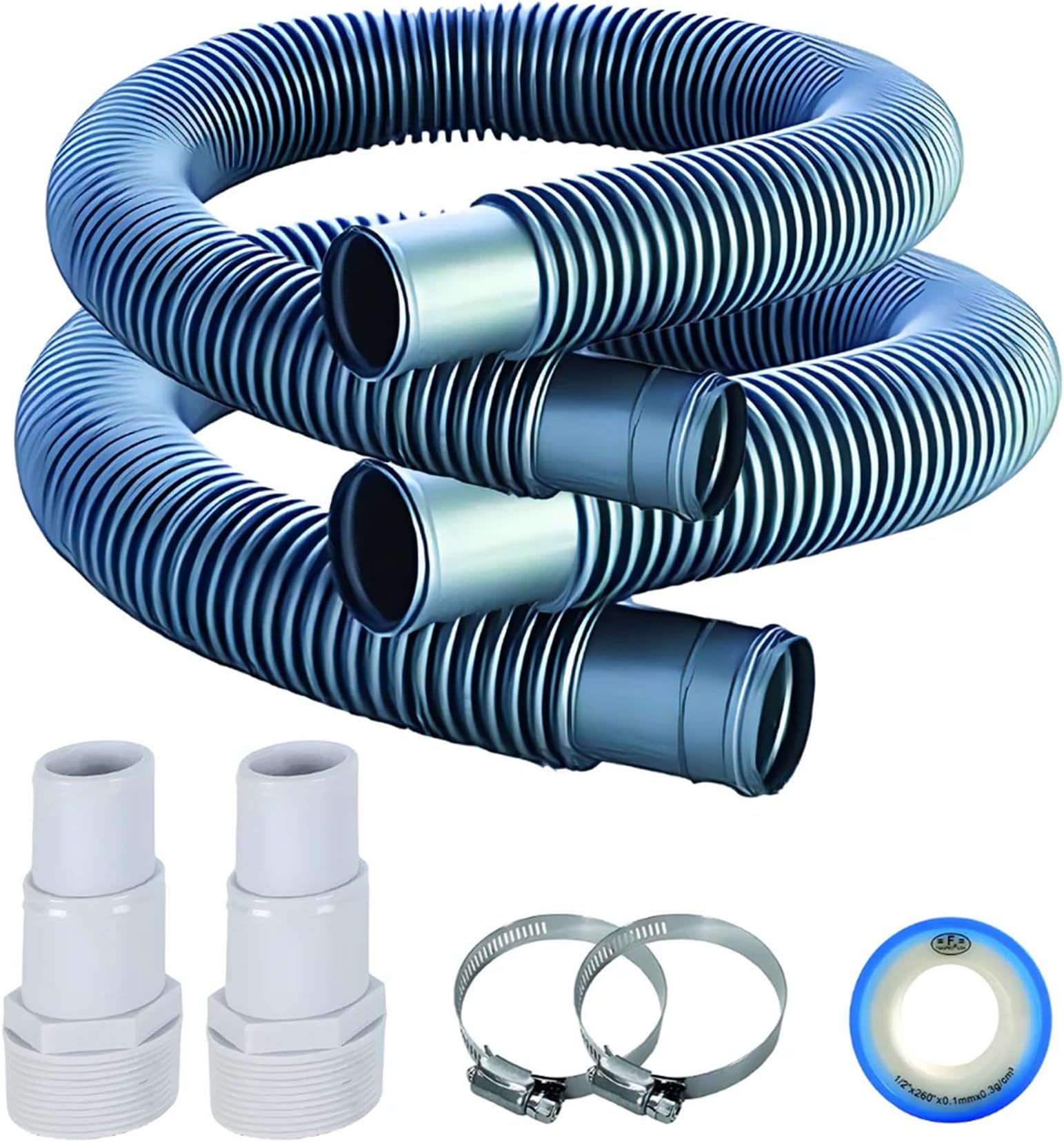 FibroPool 1-1/2" Pool Filter Hose Kit 3 Ft 2 Pack - Clamps Adapters & PTFE Tape Included - Universal Above Ground Pool Pump & Sand Filter Hose