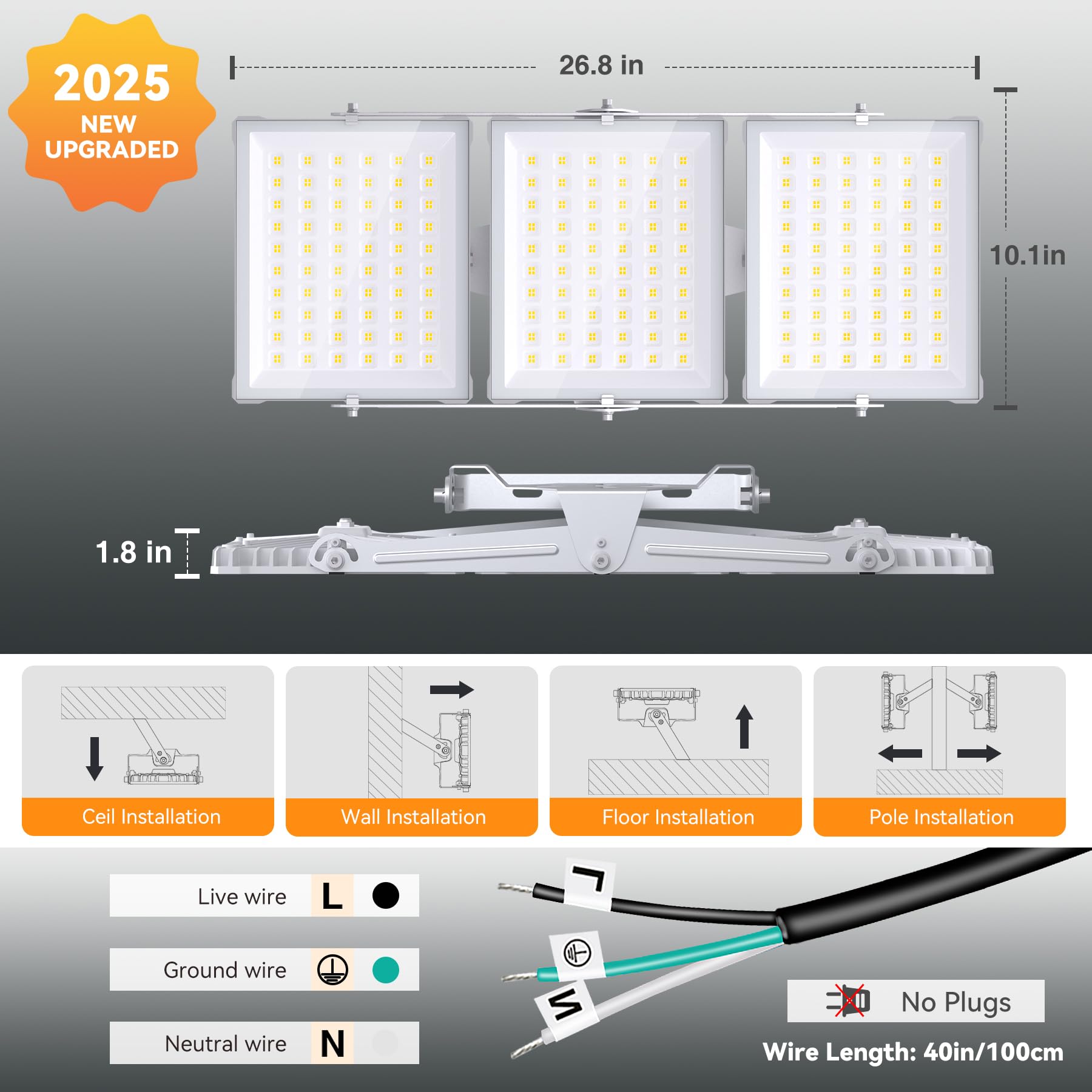 SOLLA Foco LED de 600 W para exteriores, ultrabrillante, 60000 lm, 6000 K, luz blanca IP66, resistente al agua, 3 cabezales, luces de seguridad para exteriores, para patios, color gris calle