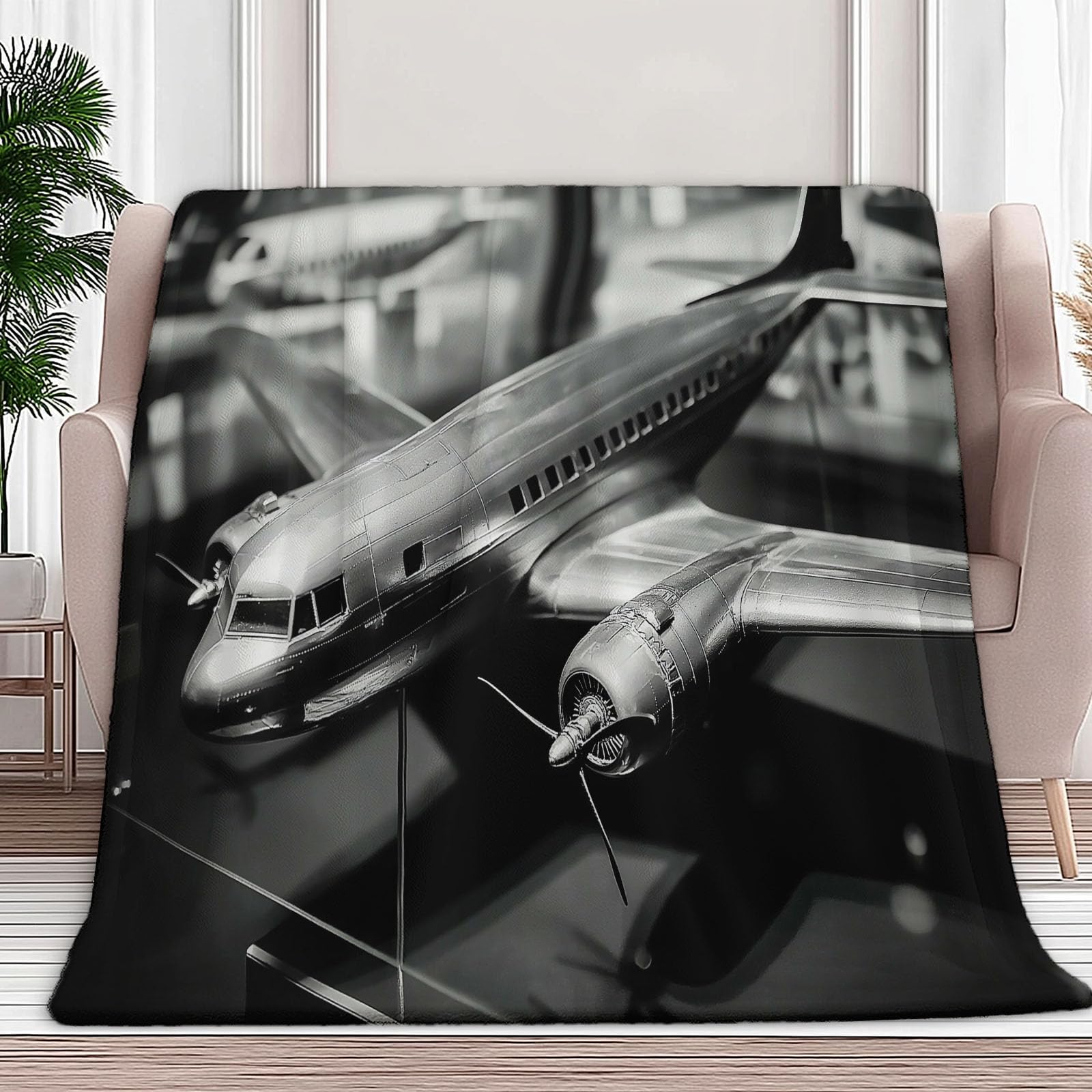Générique Koc w kratę 150 x 200 cm DC 3 Model samolotu Ultra miękki koc flanelowy z nadrukiem premium narzuta na sofę dla nastolatków i dorosłych, czarny