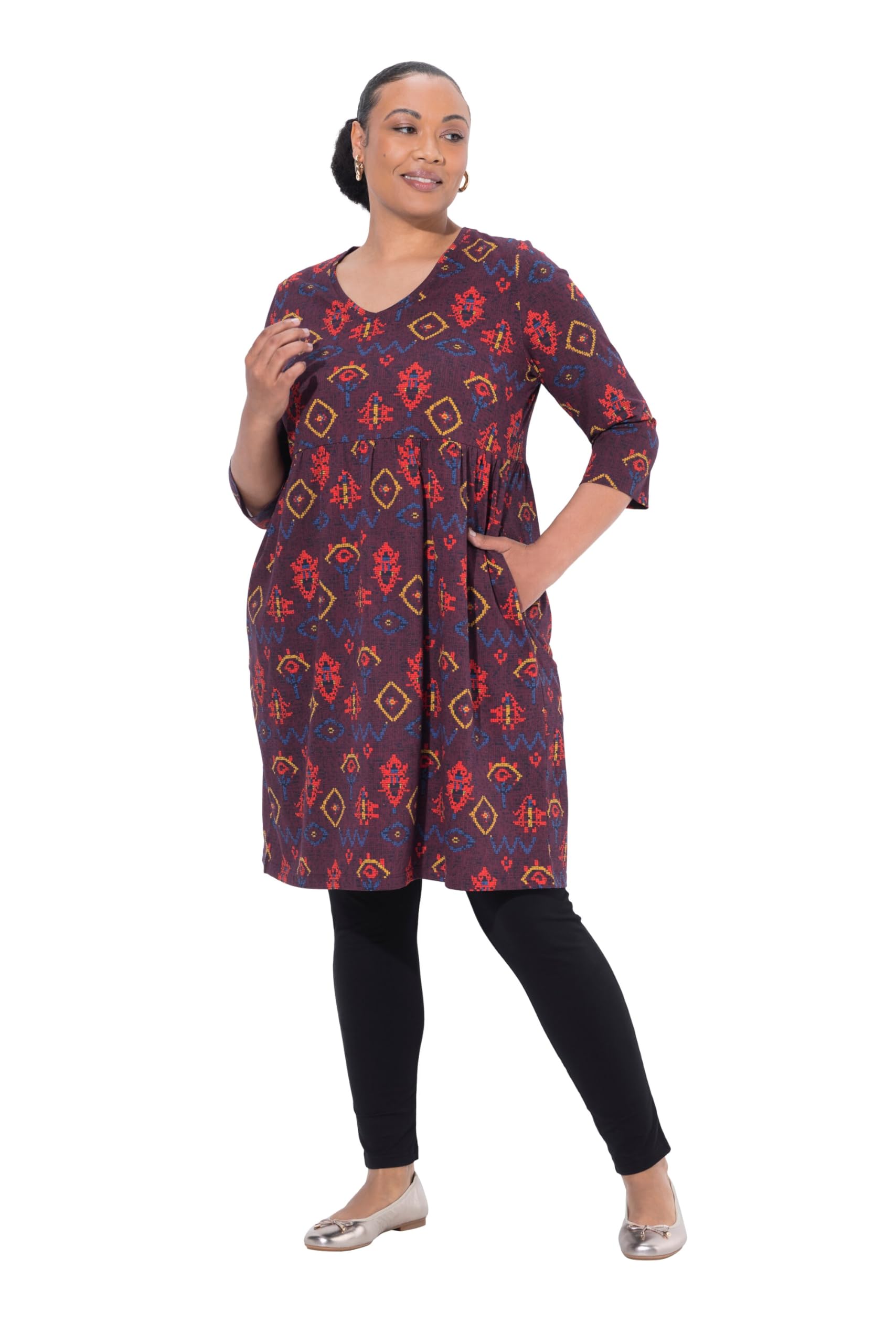 Ulla Popken Damen große Größen Übergrößen Plus Size Longshirt, A-Linie, V-Ausschnitt, 3/4-Arm, Taschen 842804