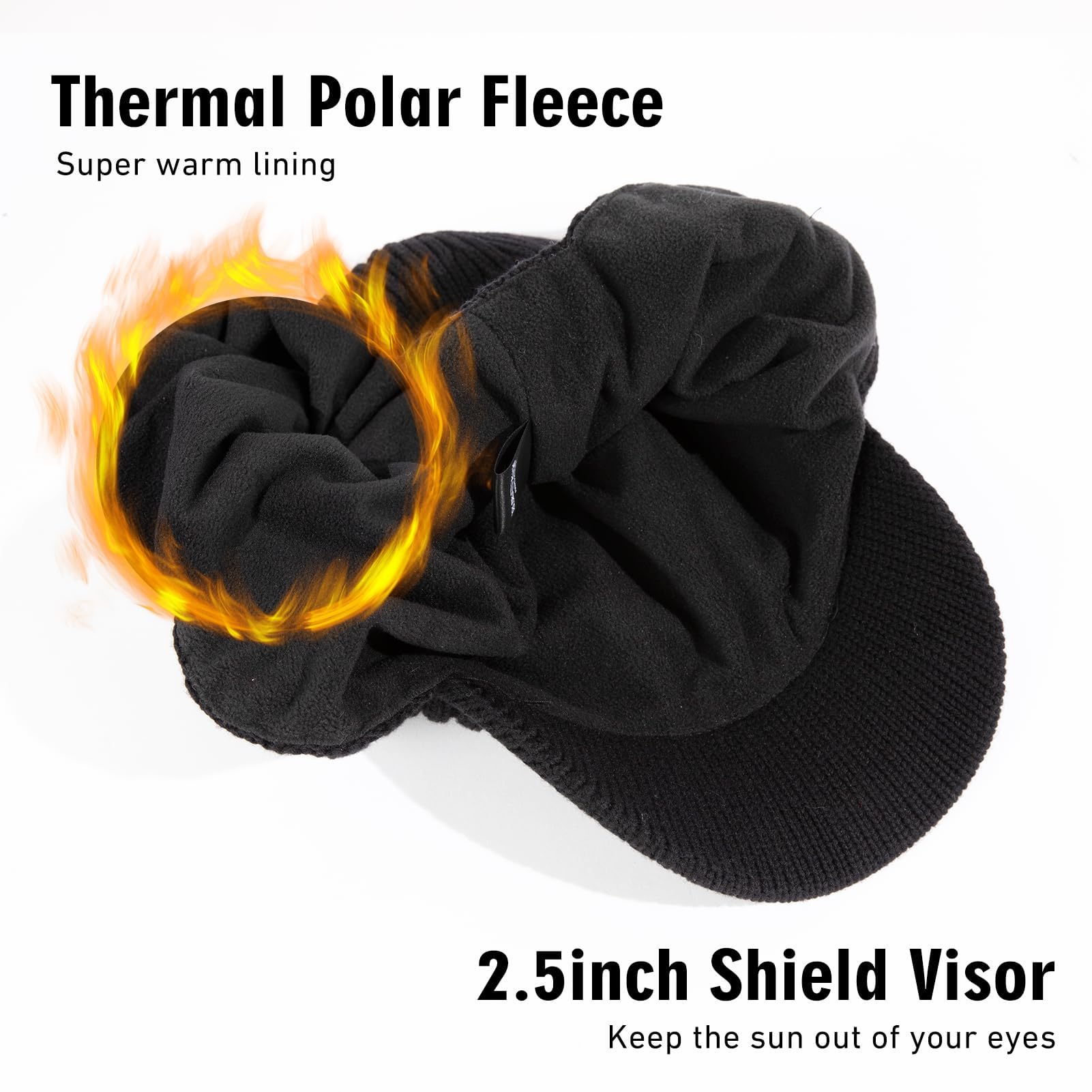 TOP-EX DryKnit™ Waterproof 80% Merino Wool Peaked Beanie Hat Men with Ear Flaps & Fleece Lined, Winter Thermal Golf Visor Beanie Hat for Cold Weather, M-XXL