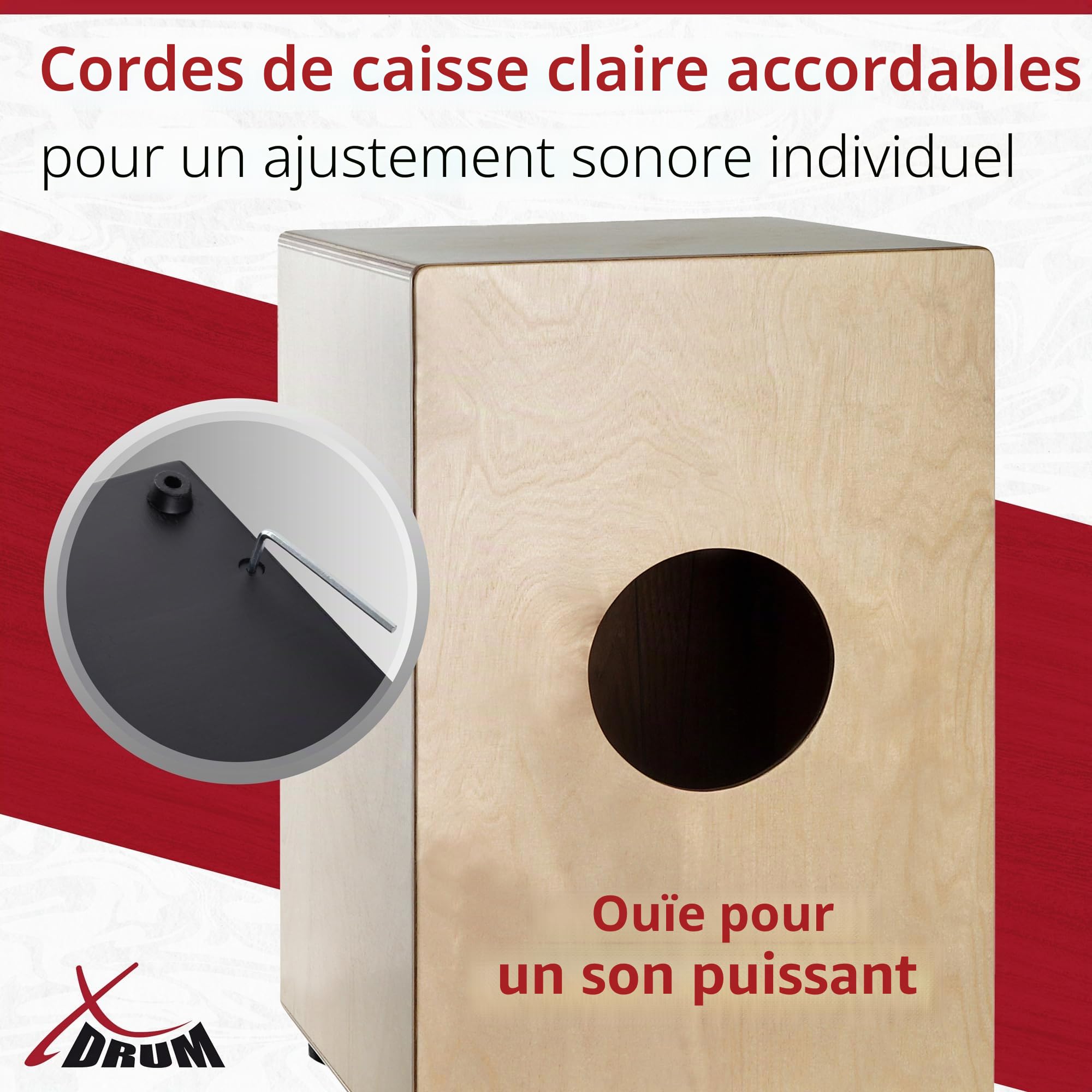 XDrum Cajon Peruana Koa, Table d’impact en Koa de 3 mm, 5 cm, Poids: env. 4 | Sons de basse et caisse claire très différenciés et présents, Corps en bouleau 9 mm (7 plis), Clap Corners réglables, 5 cm