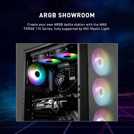 MSI Mid-Tower PC Gaming Case – Tempered Glass Side Panel – 4 x 120mm aRGB Fan – Liquid Cooling Support up to 240mm Radiator x 1 – MAG Forge 112R