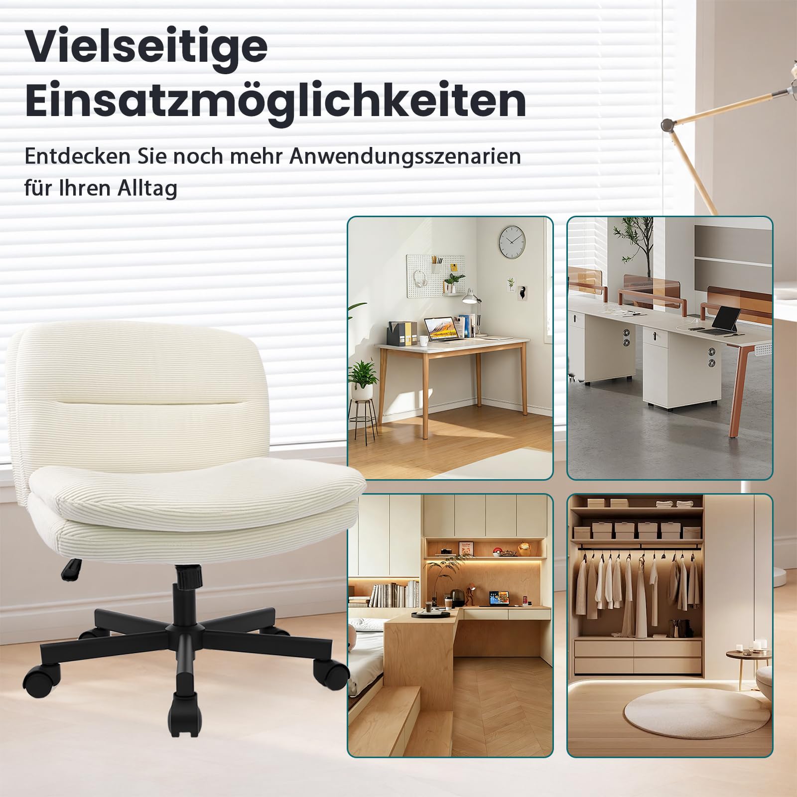 Bürostuhl ohne Armlehnen, Schneidersitz-Stuhl mit breiter Sitzfläche, Schreibtischstuhl mit Cordbezug, höhenverstellbarer Drehstuhl mit Wippfunktion, für Homeoffice, bis 136 kg, Creme