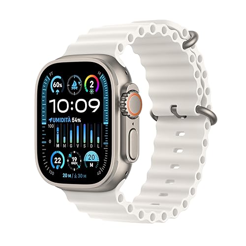 Immagine del prodotto Apple Watch Ultra 2 GPS + Cellular 49mm Smartwatch con robusta cassa in titanio e Cinturino Ocean bianco. Fitness tracker, GPS di precisione, tasto Azione, batteria a lunghissima durata