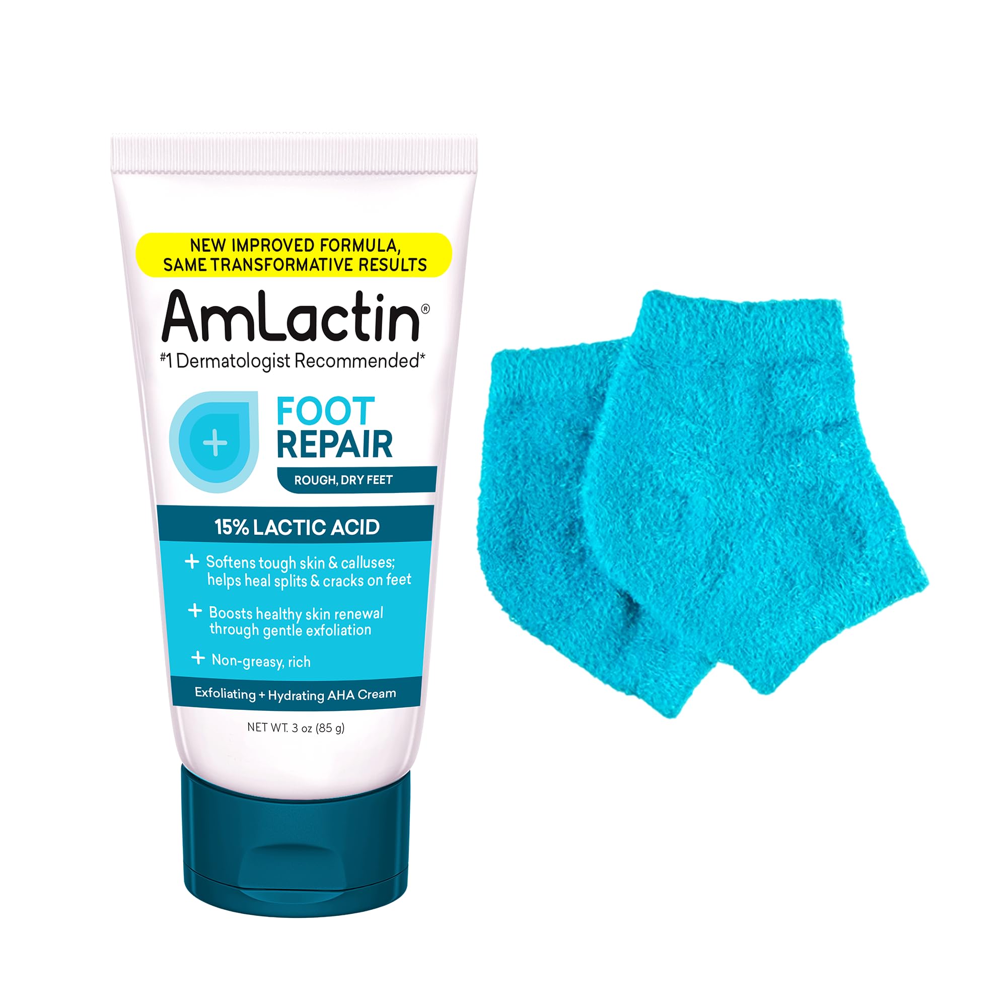 AmLactinFoot Repair Cream with Moisturizing Socks - Therapeutic Foot Cream for Dry Cracked Heels and Feet - No-Scrub Exfoliator and Moisturizer with 15% Lactic Acid AHA - 3 oz (Packaging May Vary)​