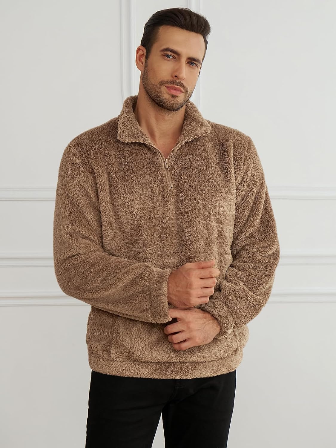 Runcati Mens Fuzzy Sherpa Sweatshirt Quarter Zip Fleece Pullover Winter Fall Warm Outerwear With Kangaroo Pocket - Image 4