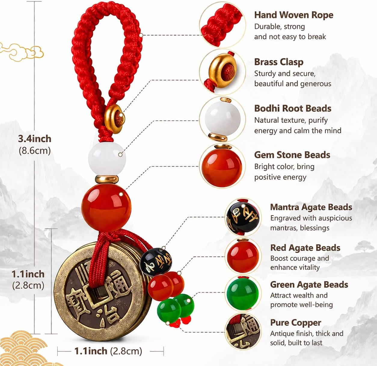 Feng Shui Coins for Good Luck with Chinese Five Emperors Money for Wealth and Success, i Ching Coins for Home, Car, Keychain Decoration