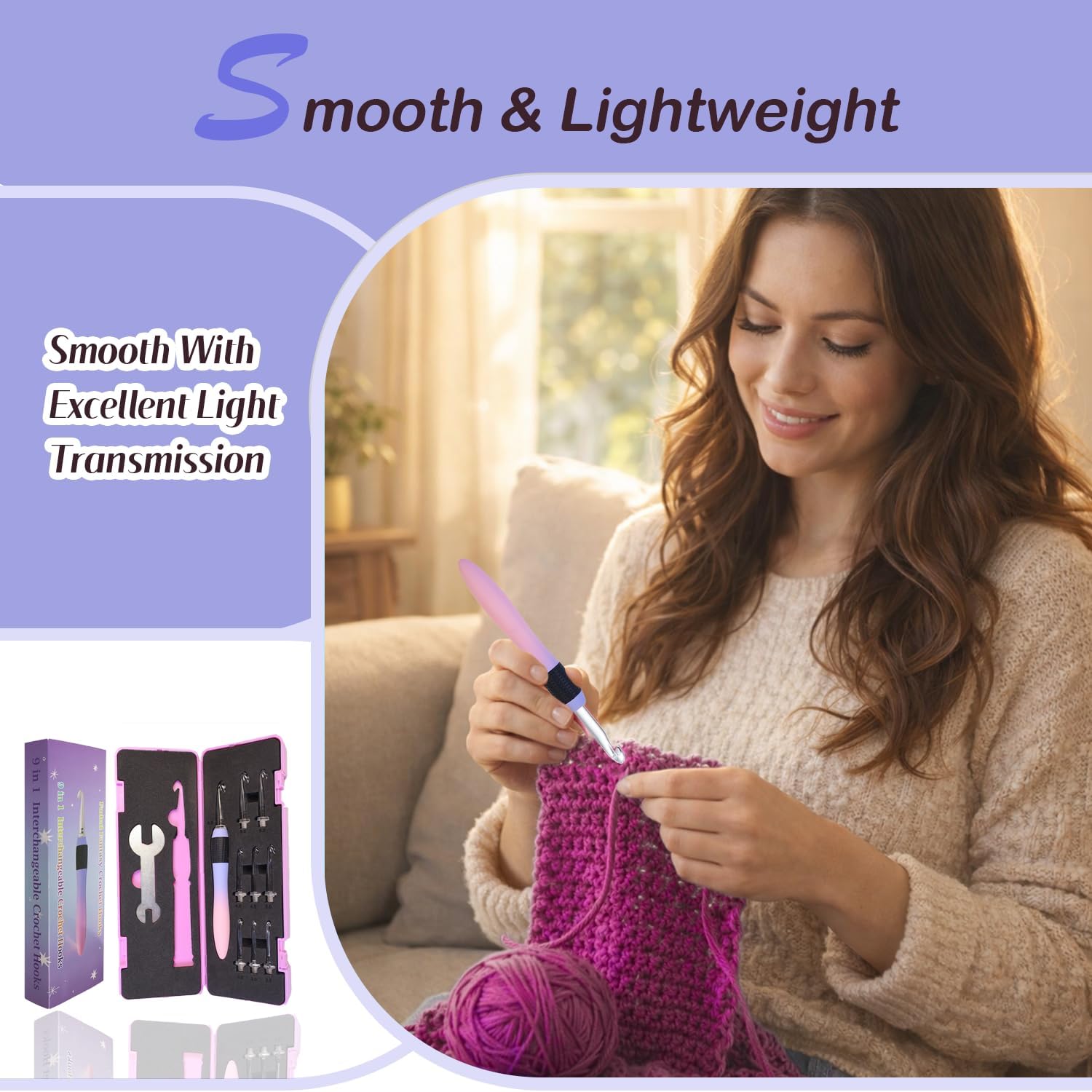 Yarniss Interchangeable Crochet Hooks with Screw Handle,8 Size Ergonomic Crochet Hooks with Comfortable Handle 2.5~6.5mm,Gradient Purple — view 6