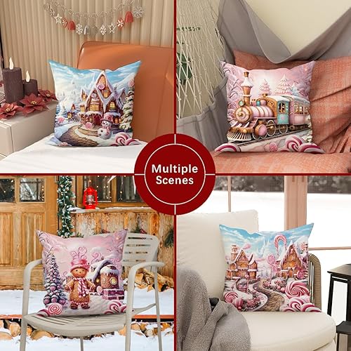 Miniatura 6 de Juego de 4 fundas de almohada de casa de jengibre navideño, hombre de jengibre, nieve, árbol de Navidad, vacaciones, lino rosa, acogedor, lavable,