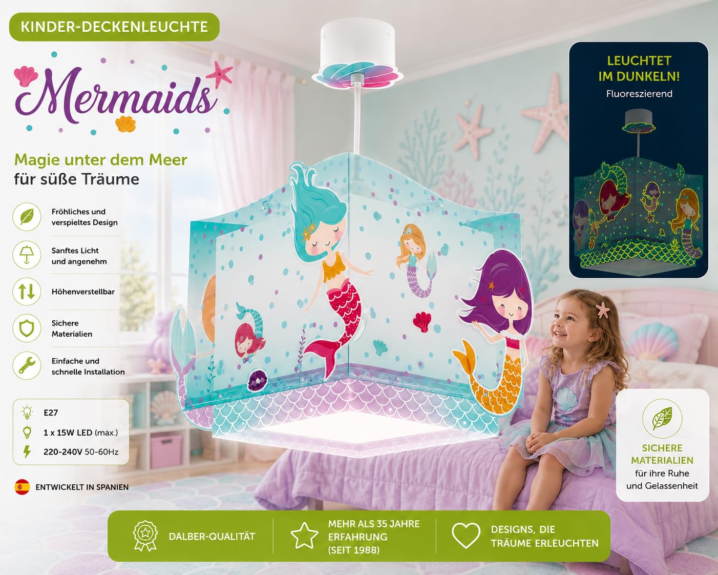 Dalber Kinder Pendelleuchte Mermaids Meerjungfrauen 63442M | Hängelampe; Deckenleuchte; Kinderzimmer; E27 - 1 x 15W