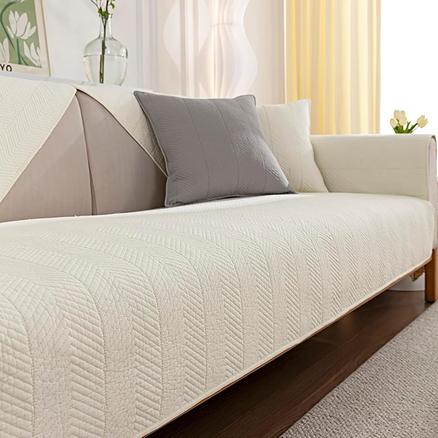 Solid Color Sofa Couch Cover,Soft Cotton Quilted Sectional Couch Slipcover,Non Slip Washable Sofa Slipcover Furniture Protector for Living Room-Beige,1pc-90x210cm