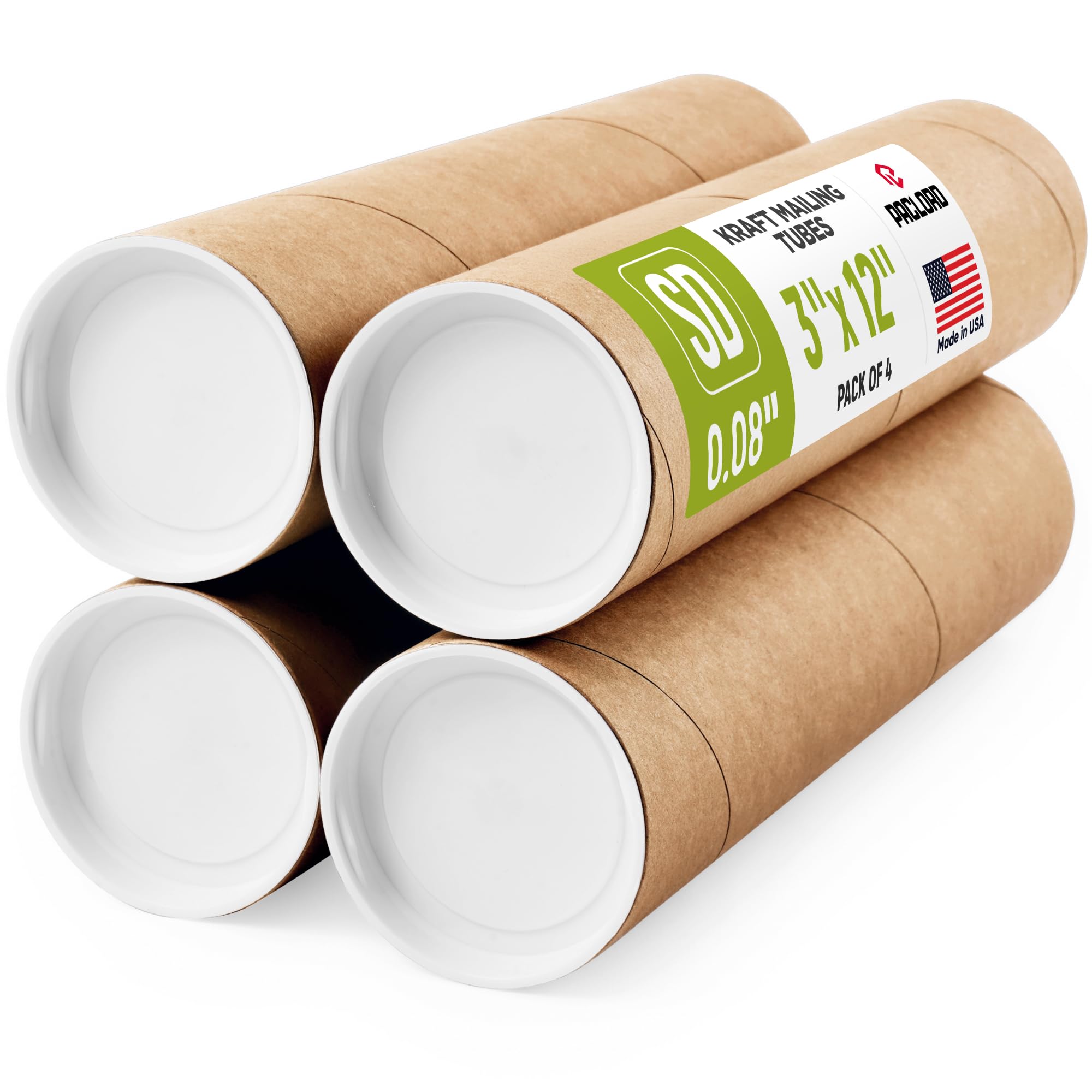 3" x 12" Reinforced Kraft Paper Mailing Tubes, Pack of 4 Tubes with 2 Caps Each – USPS Approved Poster Tube – Made in USA Cardboard Tube for Shipping and Storing Posters, Prints, Artwork, or Documents