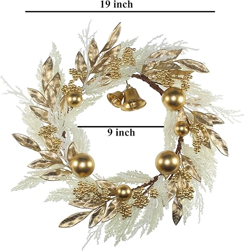 Miniatura 2 de Corona de Navidad dorada de 19 pulgadas para puerta delantera, corona de Navidad falsa blanca de pampa con hojas de bayas doradas, campanas, bolas