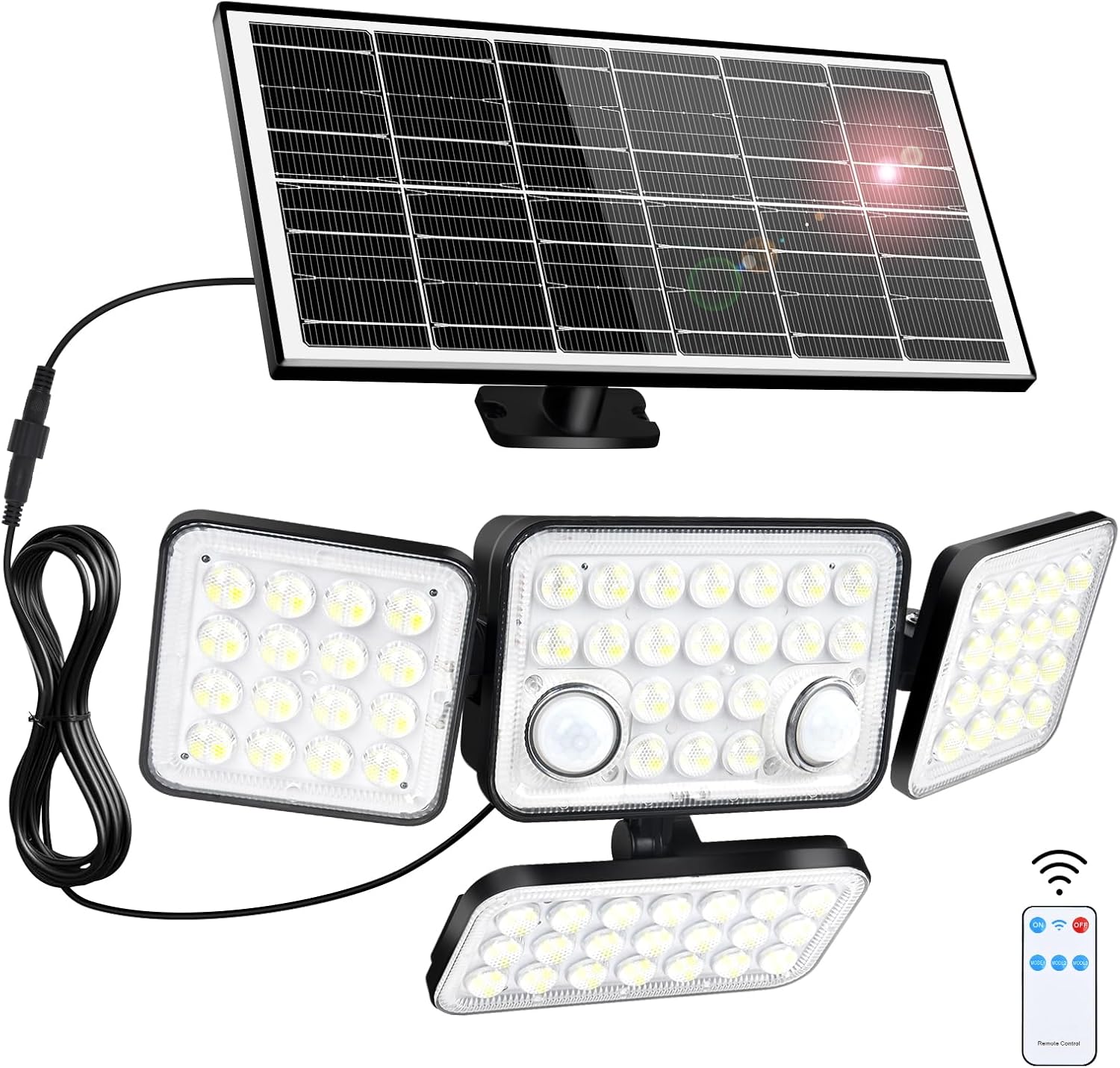 Aialun Photo voltaic Lights Twin Movement Sensor Out of doors Waterproof IP65,Actual 5000mAh 292 LEDs 3600lm Vibrant 8500K 4 Heads Photo voltaic Safety Flood Lights,Distant Management,3 Modes for Yard,Storage,Patio