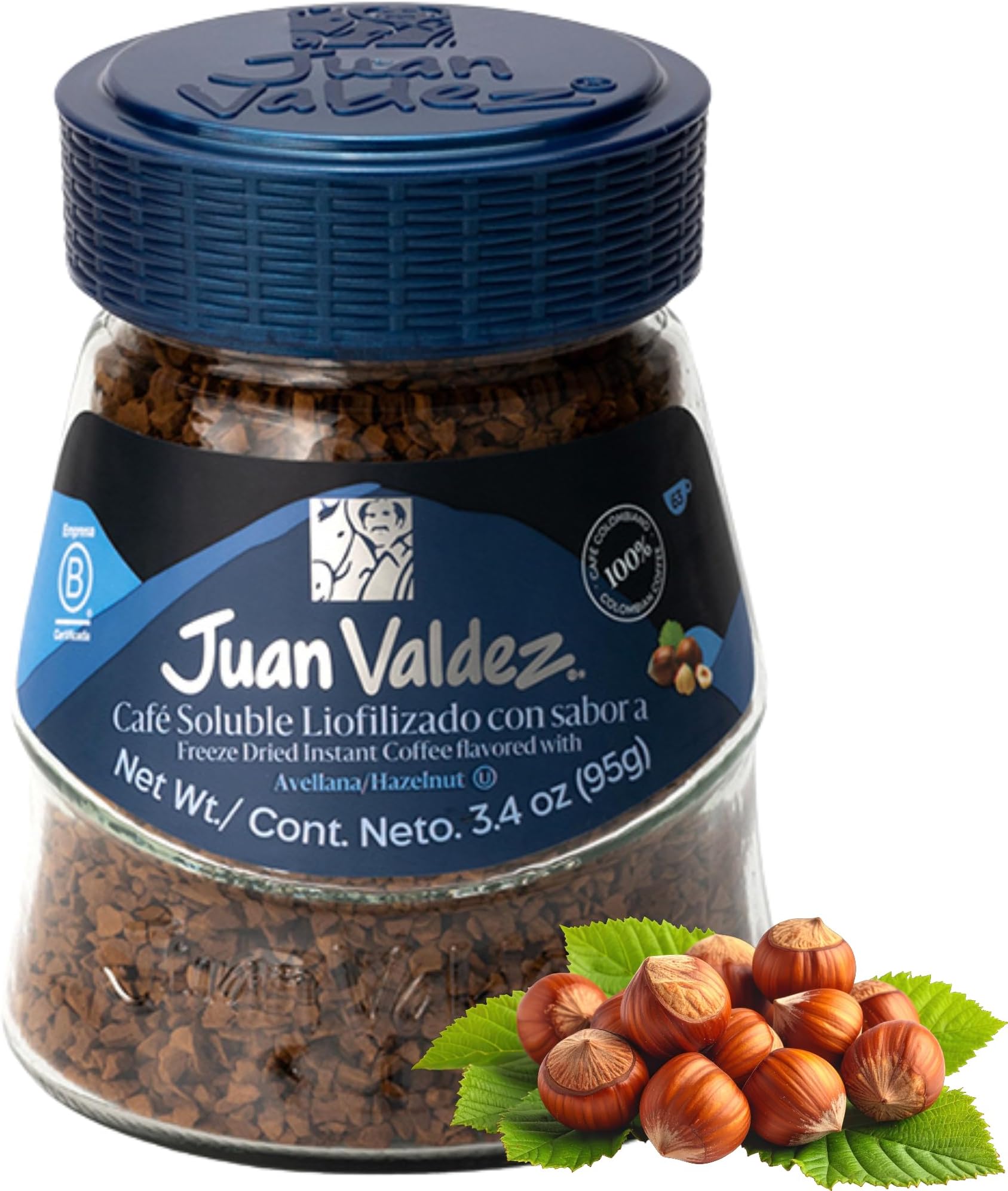 Juan Valdez Freeze Dried Instant Coffee Hazelnut Flavored, 95g Jar, 100% Colombian Coffee