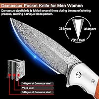Vista 2 de Cuchillo de bolsillo de damasco KOMWERO con clip para hombres, cuchillos plegables de acero VG10 de damasco, cuchillo de damasco EDC con funda