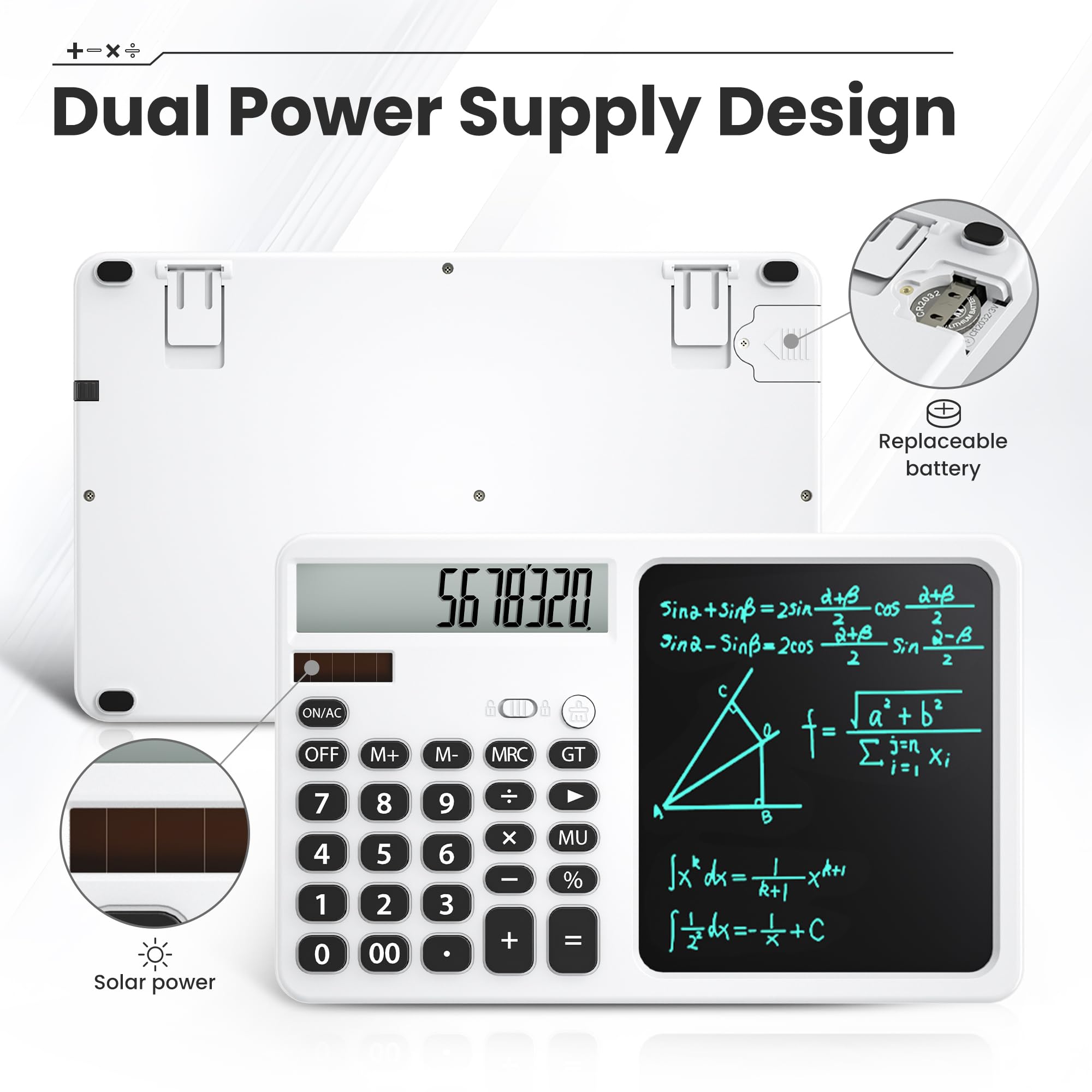 Calculadora de escritorio con tableta de escritura LCD de 7 pulgadas, soporte plegable estable con ángulo de visión ergonómico de 15°, pantalla grande de 12 dígitos, energía solar y batería