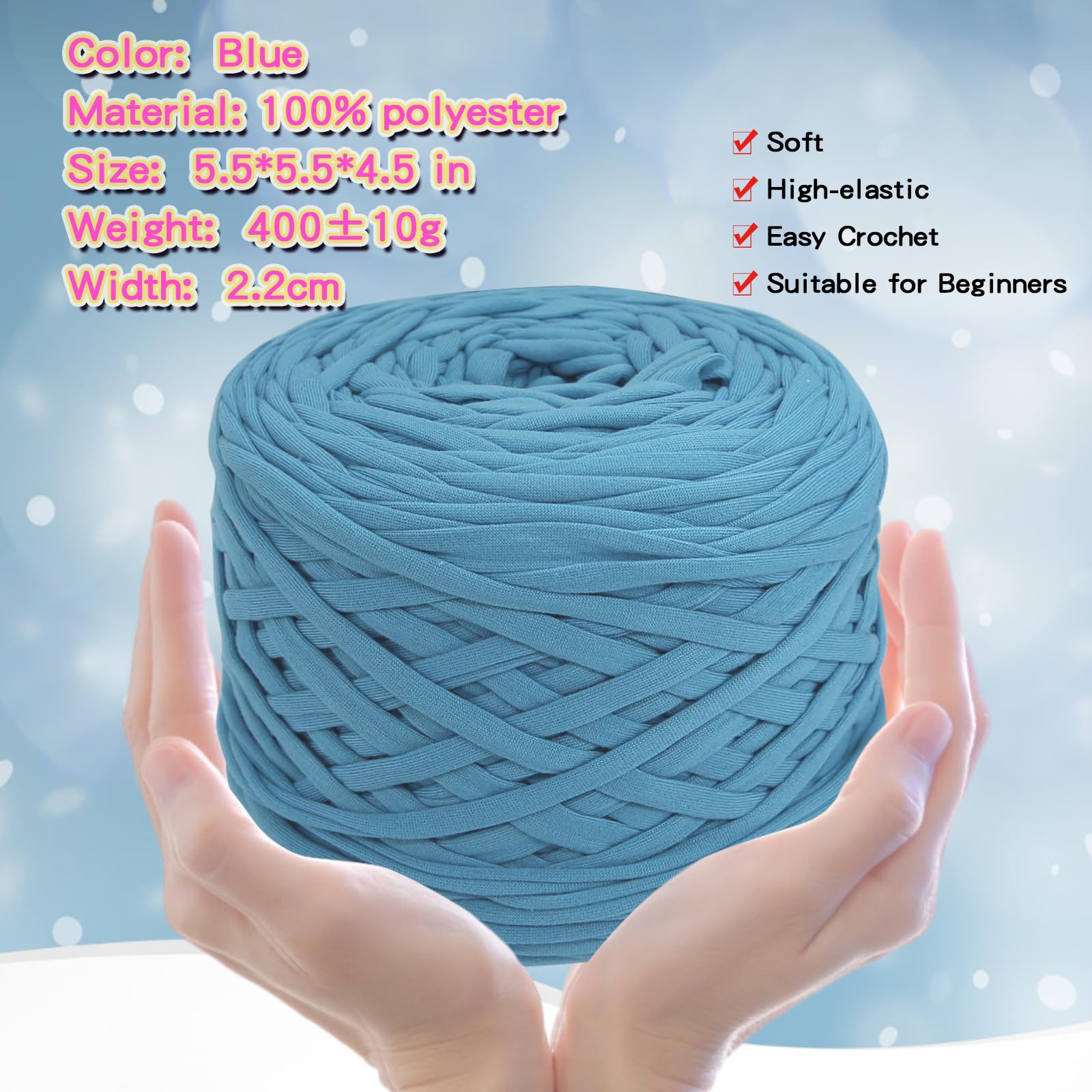 400g T-Shirt Elastic Fabric Crochet Cloth Yarn for DIY Knitting 120m Spaghetti Thick Knitting Yarn for Hand DIY Bag Basket Cushion Crocheting Projects,Home Decor(Blue) - Image 2