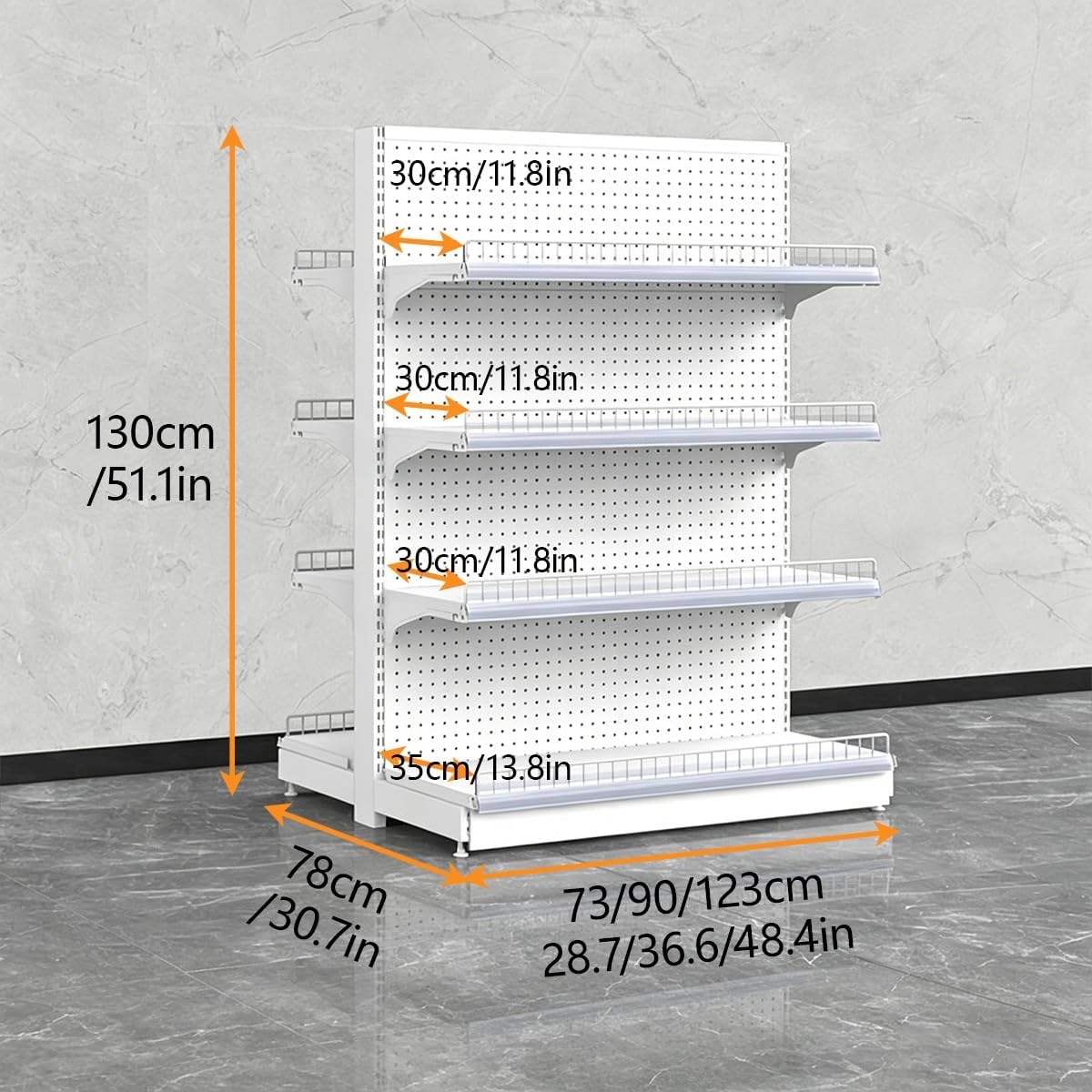 Gondola Shelving Retail Display Rack for Supermarket, Single & Double Sided Metal Gondola Shelving Unit, Supermarket Shelving Pegboard Design for Retail Store(Gray,B-93 * 130cm/36.6 * 51.1in)