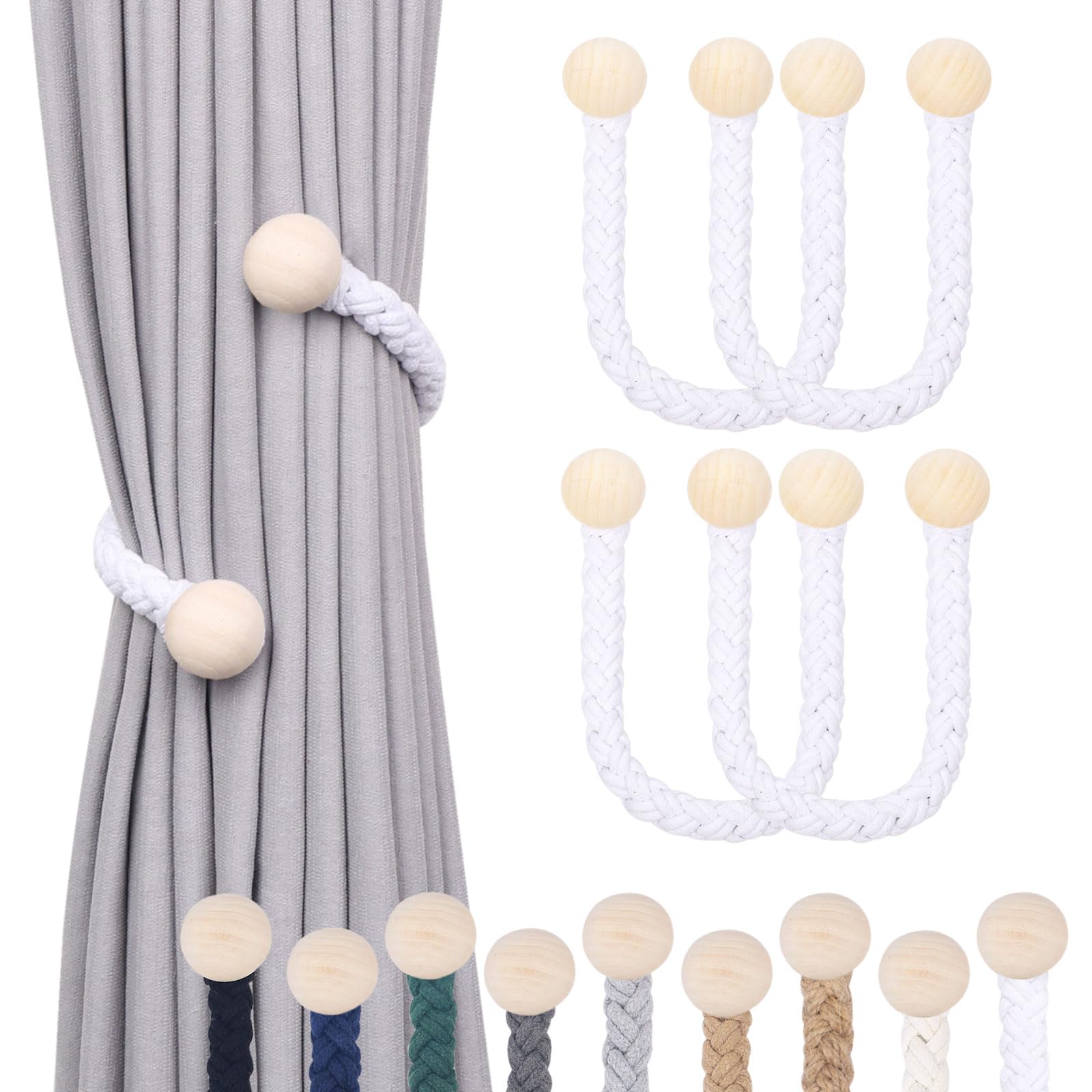 Pretty Jolly 4 Pack Wooden Ball Decor Curtain Tiebacks Farmhouse Rustic Style Drape Tie Backs Natural Cotton Hand Woven Rope Curtain Holdbacks for Home & Office Sheer/Light Weight Drapery (White)