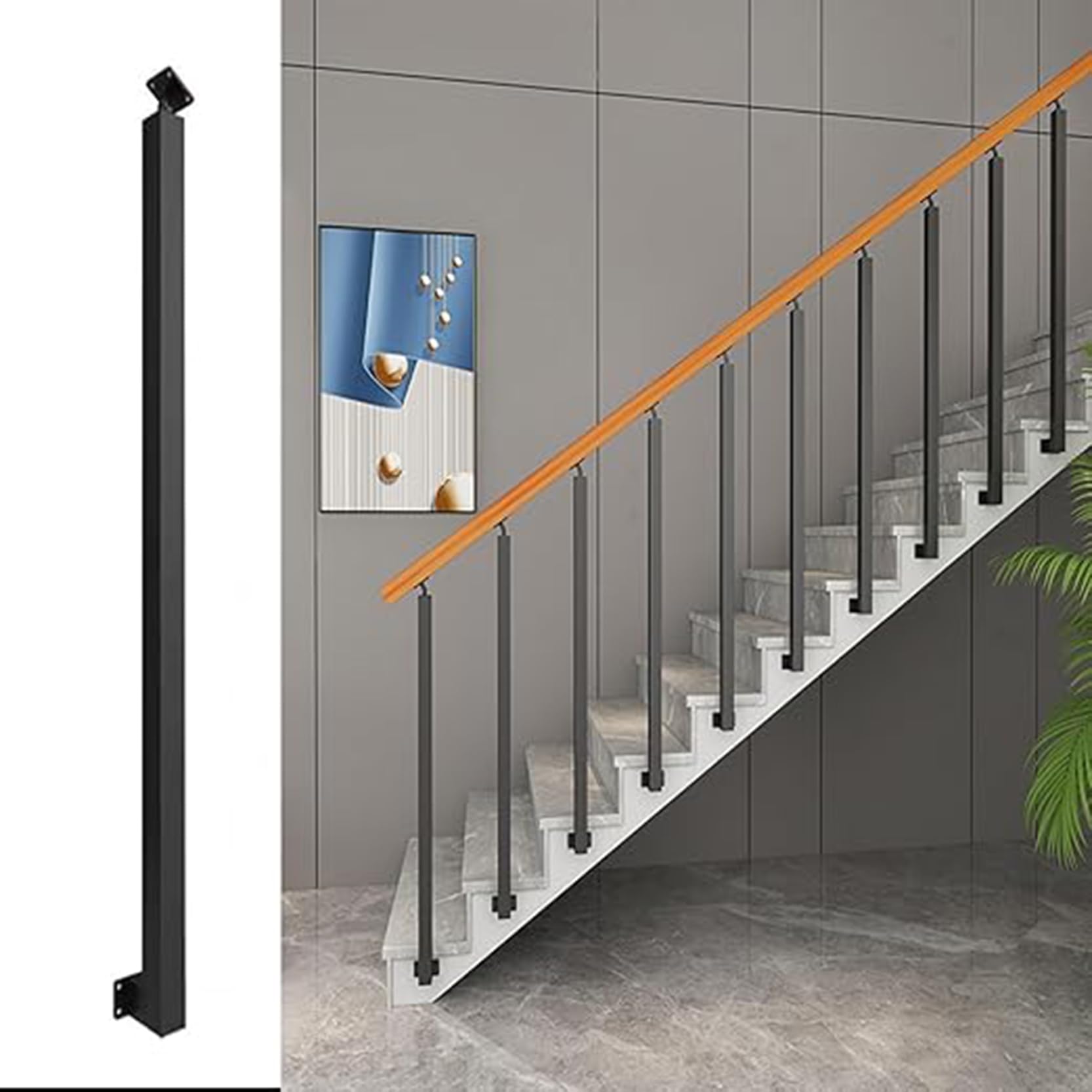GOUZIBHD Square Metal Railing Spindles,Indoor Stair Railing Deck Balusters,Stair Baluster Post,270° Adjustable Stair Handrail for Stairway Deck Yard Entryway,Side Mount(Size:90cm/35.4in,Color:Black)