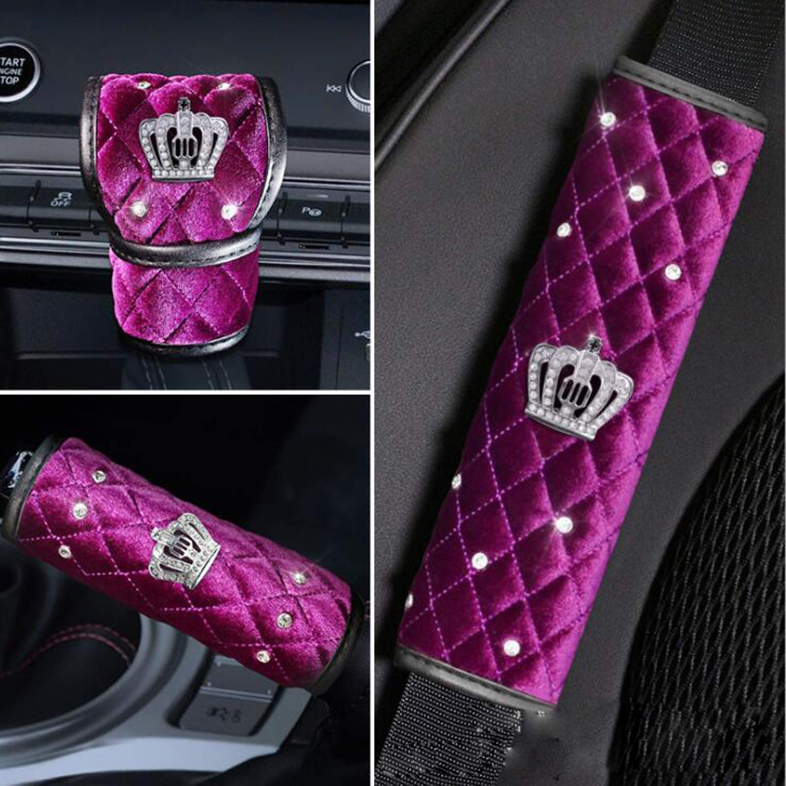 Photo 1 of GuoranGG 3 in 1 Soft Plush Crown Seat Belt Cover Handbrake Cover Gear Shift Cover with Bling Crystal Rhinestone Crown Car Accessories,Purple