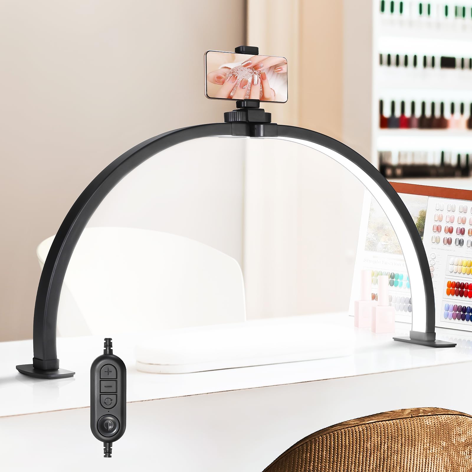 VARIPOWDERHalf Moon Light for Nail Desk, 29 Inch Nail Tech Desk Lamp with Phone Holder Remote Stepless Dimming Nail Tech Light for Lash Extension, Tattoos, Nail Tech, Crafts(Black)