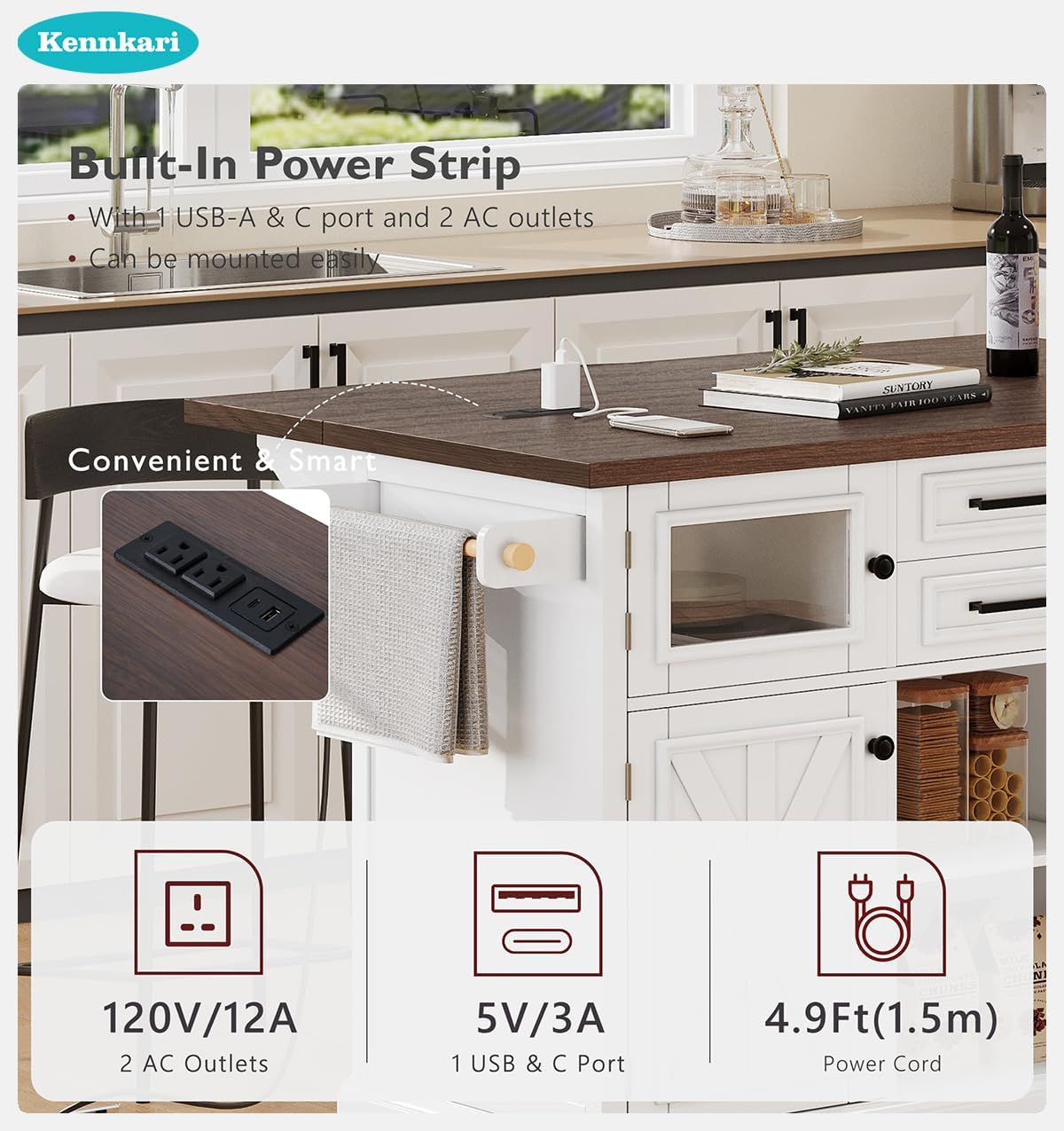 54.9" Mobile Kitchen Island with Drop Leaf and Power Outlet, Island Cart with 4 Cross Barn Doors and Shelves for Kitchen, Rolling Island on 4 Wheels for Dining Room (White)