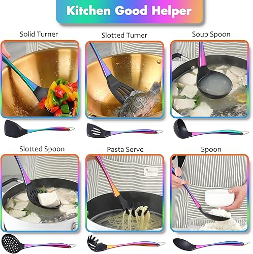 Miniatura 5 de Juego de utensilios de cocina de silicona, juego de 9 utensilios de cocina arcoíris con mango de acero inoxidable, utensilios de silicona