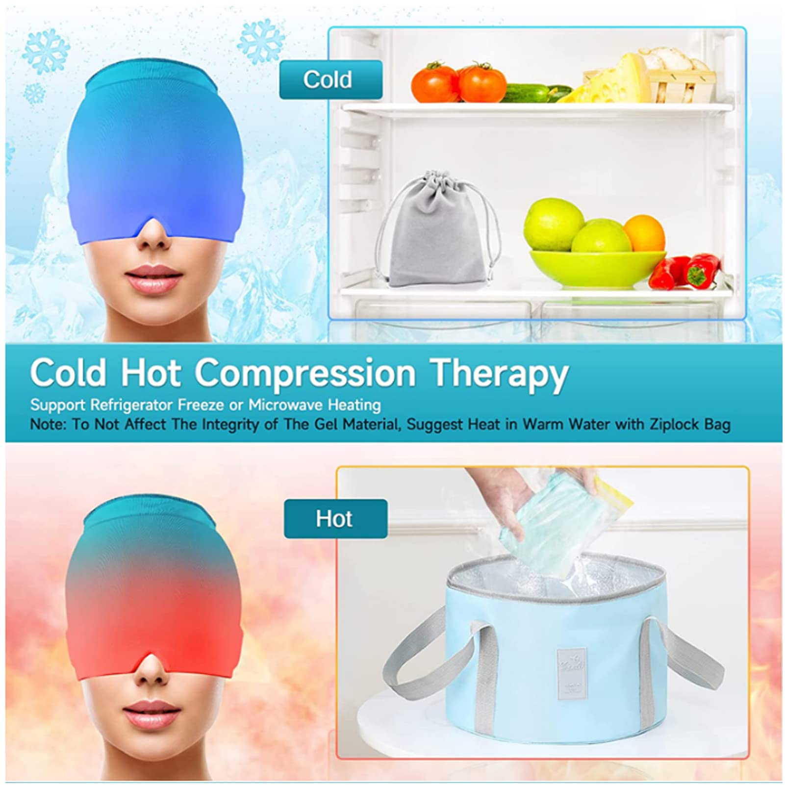 EEUK Migräne Maske warm und kalt, Headache & migraine Relief Cap Tragbar Kalt Warm Kompresse Kühlpads Migrane Maske für Migräne, Stressabbau,Geschwollene Augen, Wiederverwendbar(Color:Rosa)