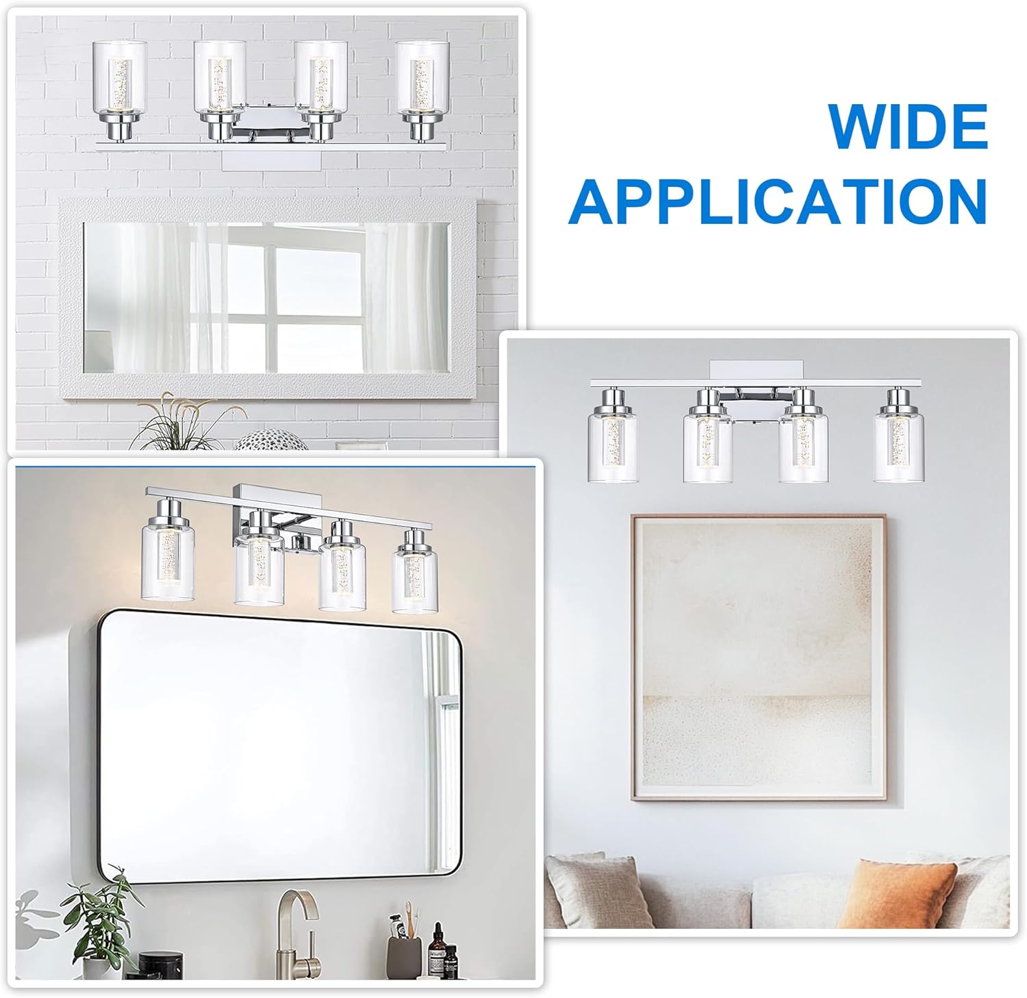 MELUCEE 5 Color Dimmable LED Bathroom Light Fixtures 4 Light Chrome Vanity Lights Bathroom Lights Over Mirror Wall Light Fixtures with Crystal Bubble Clear Glass Shade, Built-in LED Chips