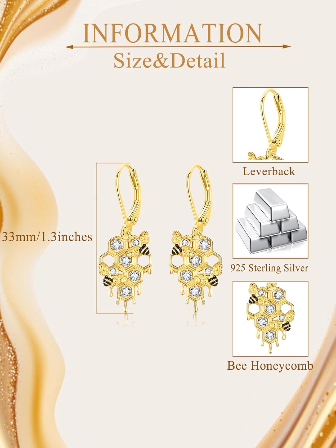 Bee Honeycomb Dangle Drop Earrings for Women 925 Sterling Silver 14K Gold Plated Bumble Bees Jewelry Gifts - Image 6