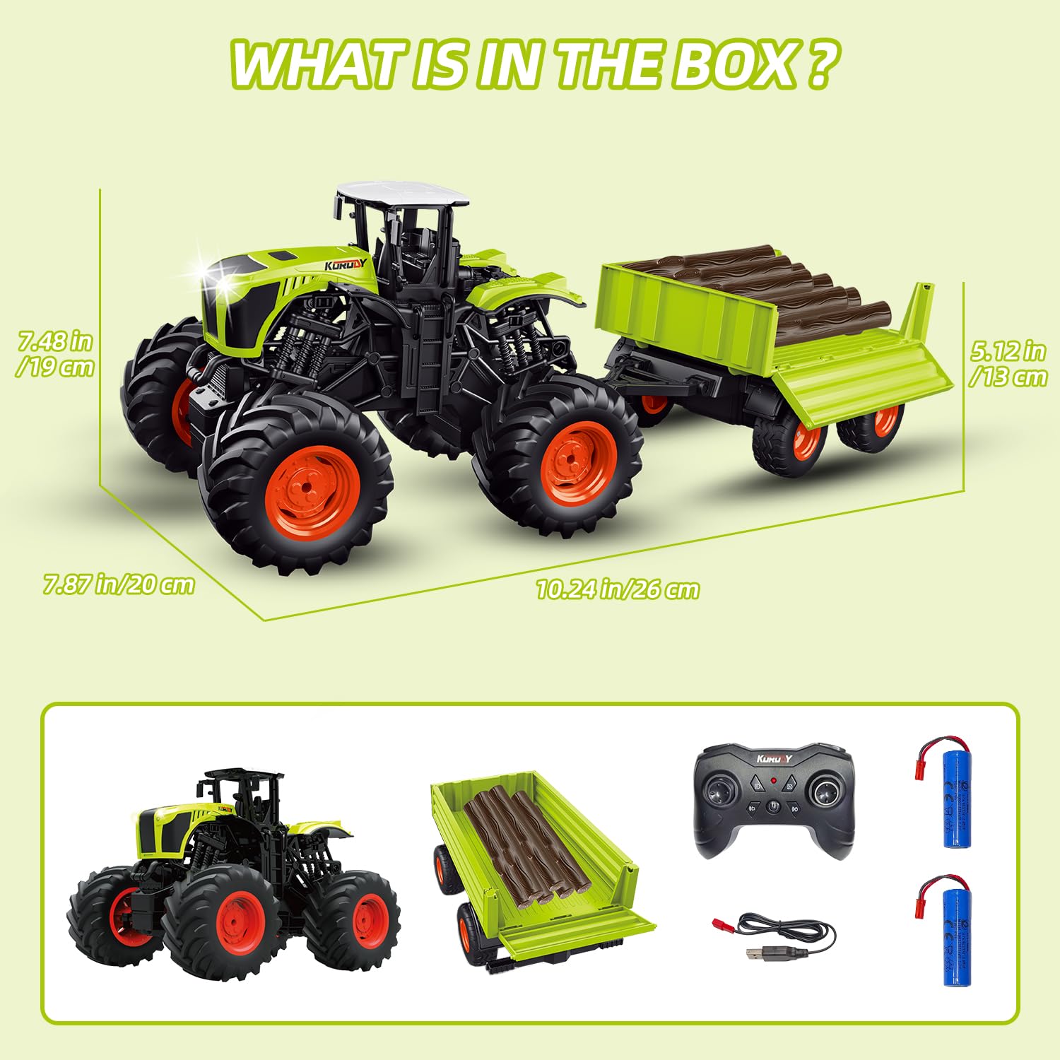 fisca Tractor teledirigido con remolque de elevación e inclinación, camión de juguete con sonido y luz, 6 tacos de madera, adecuado para niños y niñas a partir de 3, 4, 5 y 6 años, juguete de granja