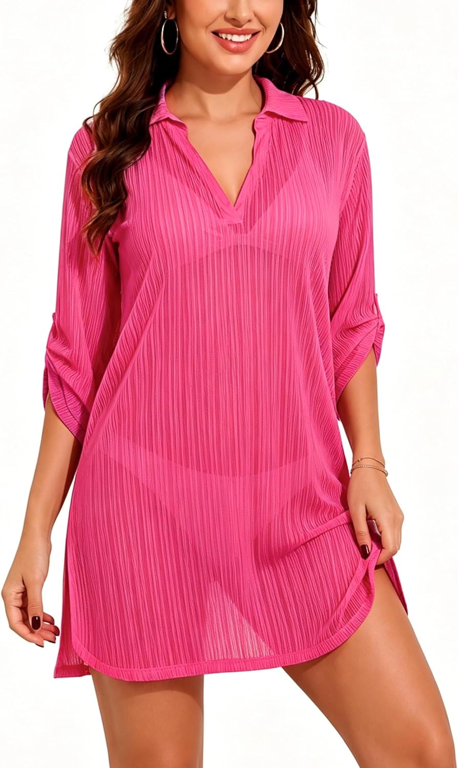 YYA Women Sheer Swimsuit Cover Up Shirt V Neck Beach Tunic Coverup for Swimwear 3/4 Sleeve Bathing Suit Cover Ups for Women