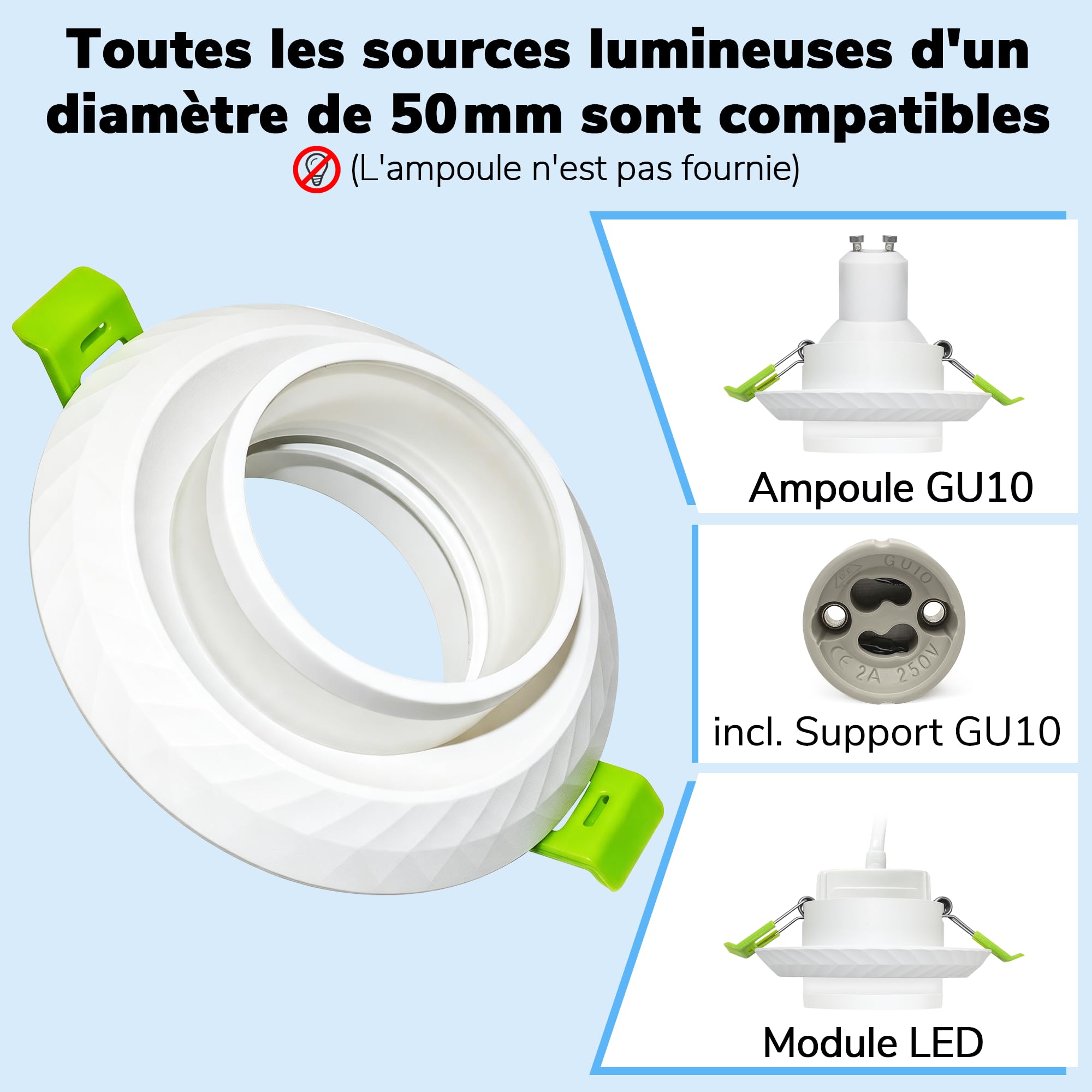 Lot de 12 Spots Encastrables GU10, Cadre en Aluminium avec Douille GU10, Design Chevron & Effet Halo, Anti-Éblouissement, Découpe Plafond Ø60-75mm, Spot Plafond Blanc, Sans Ampoule