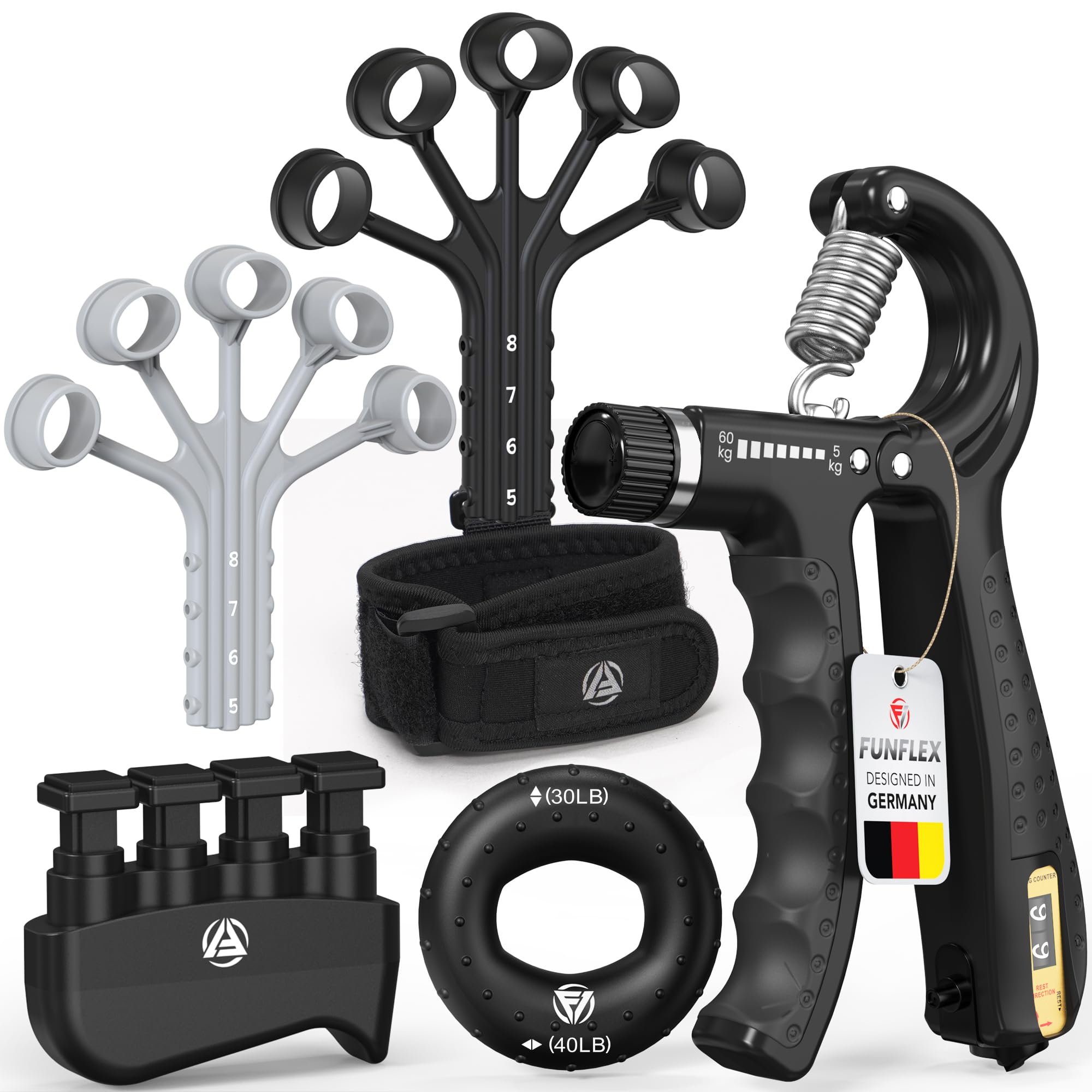 FUNFLEX Allenatore Mano Dita, Set Forza Presa Regolabile 5 Pezzi, Trainer Avambraccio, Estensore Dita, Fascia Polso Neoprene, Grip Ring, Allenamento Mano e Avambraccio