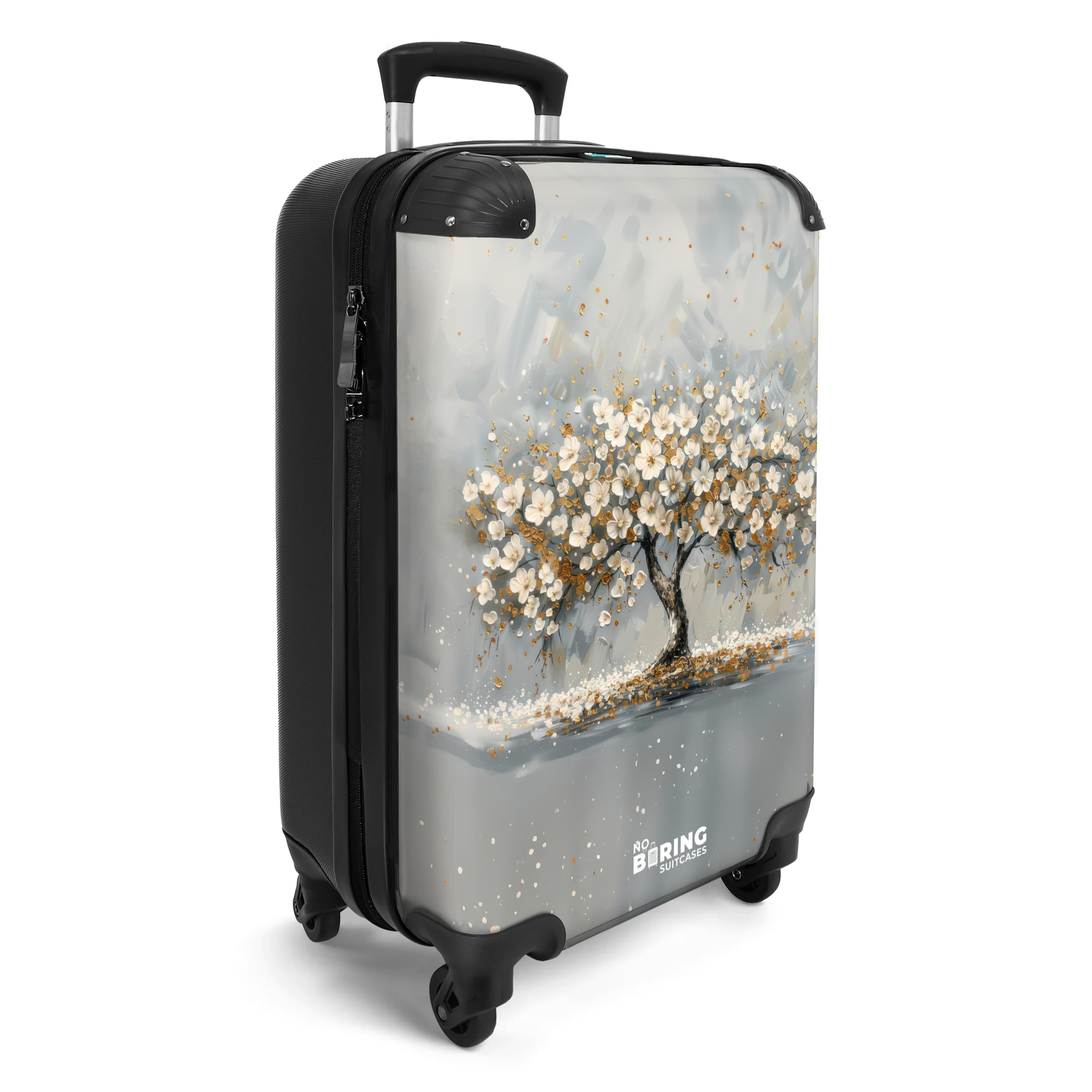 NoBoringSuitcases.com® Handgepäck Koffer 55x35x20 cm Trolley Carry on Handgepäckkoffer 4 Rollen Leicht Kabinentrolley Hartschalenkoffer Lebensbaum - Gold - Weiß - Luxus