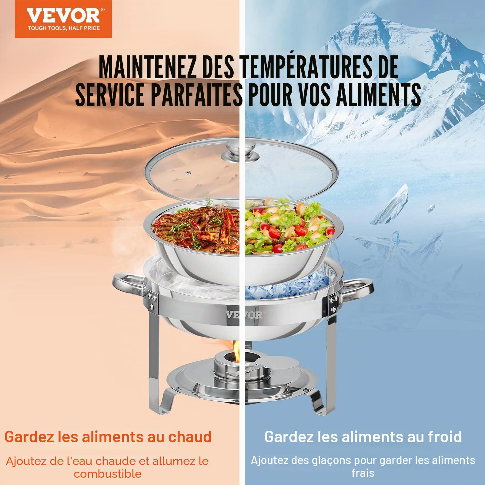 VEVOR Chauffe-Plat Lot de 2 Bacs de 3,5 L Buffet Chauffant à Combustible Réchaud INOX Alimentaire Rond Récipient Maintient au Chaud pour Servir Buffet en Libre-Service Hôtel Traiteur Restauration