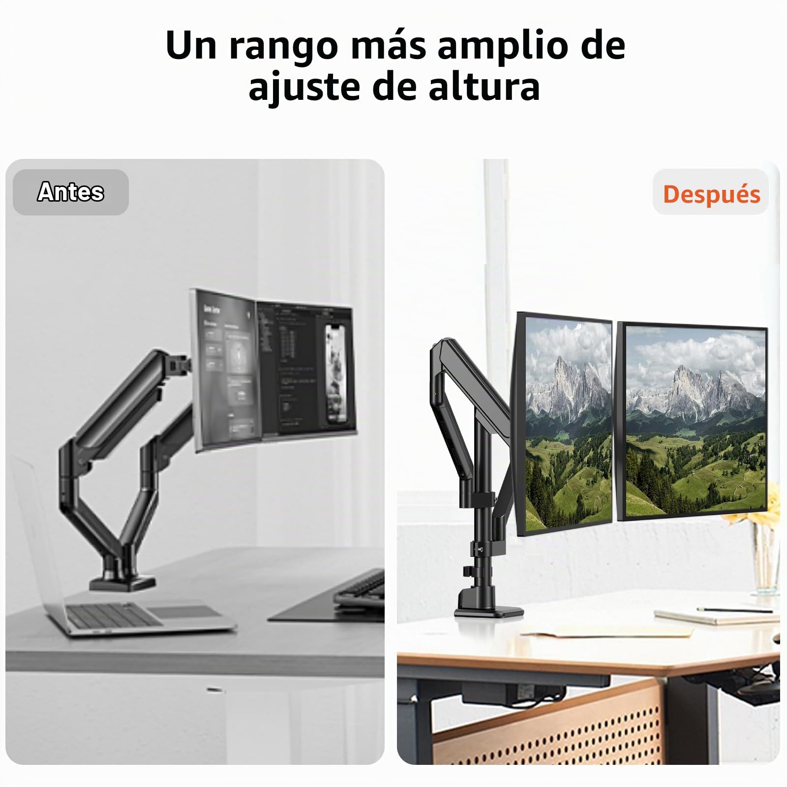 Brazo Monitor Doble para Pantallas de 17 a 40", Soporte de Escritorio con Ajuste de Altura, Rotación 360° e Inclinación, Carga Máxima 12kg por Brazo, Compatible VESA 75x75/100x100, Negro | Diseño ergonómico, alineación precisa, estable & robusto, ahorro d