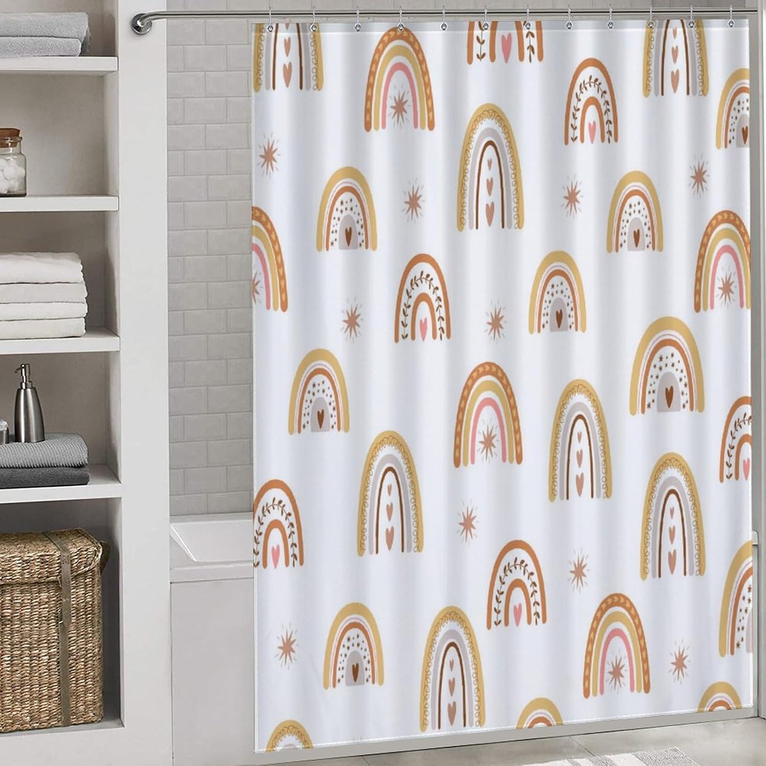 Mid Century Modern Shower Curtain, Geometric Atomic Abstract Iconic Pattern 1950s 1960s Retro Style Art Pastel Waterproof Fabric Bathroom Shower Curtain Set with Hooks,72"x78" Inch
