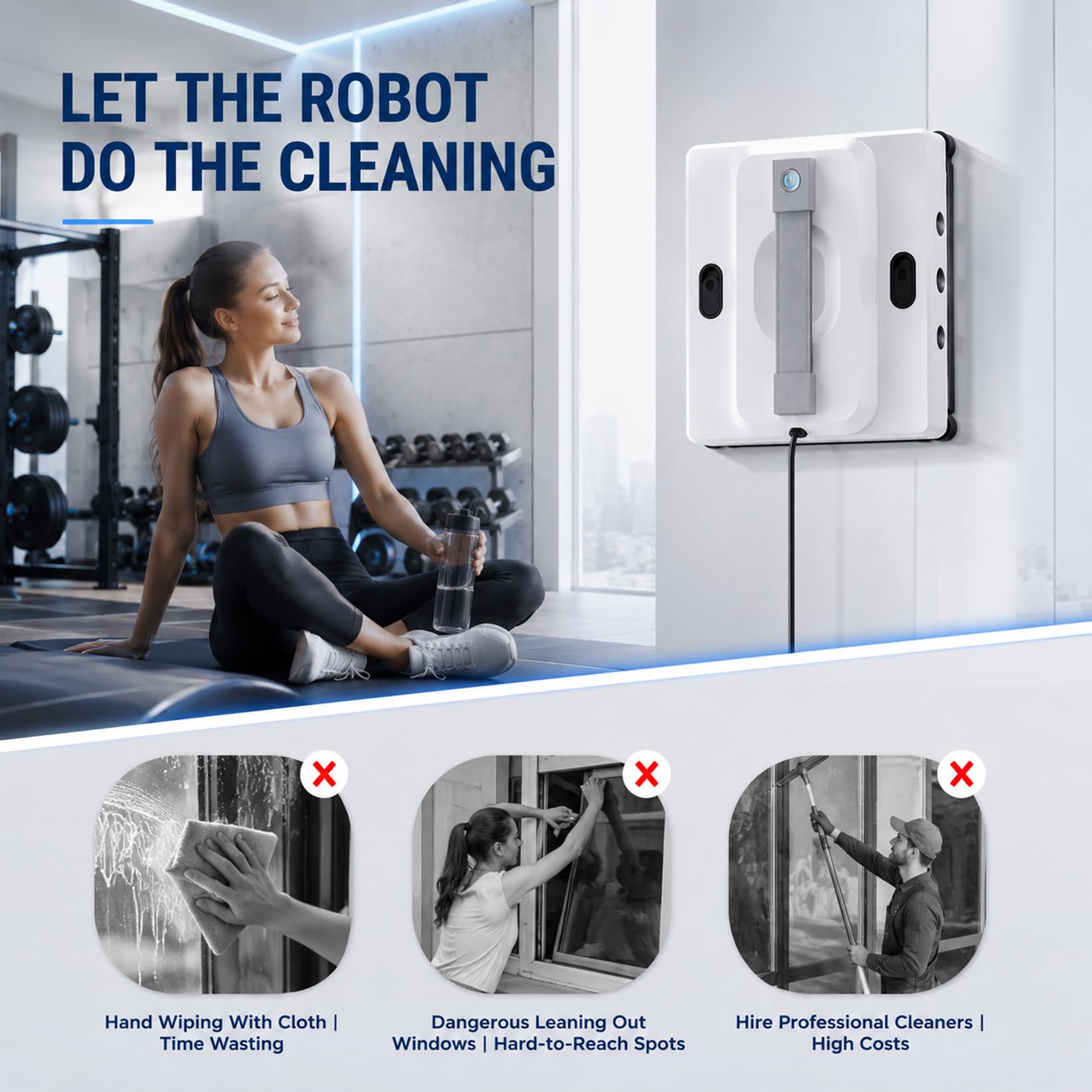 Robot Limpiacristales con Mando a Distancia, 9000 Pa Robot para Ventanas, 6 Modos de Limpieza, Depósito 100ML, 6 Boquillas de Nebulización, Planificación Inteligente de Ruta y Detección de Bordes