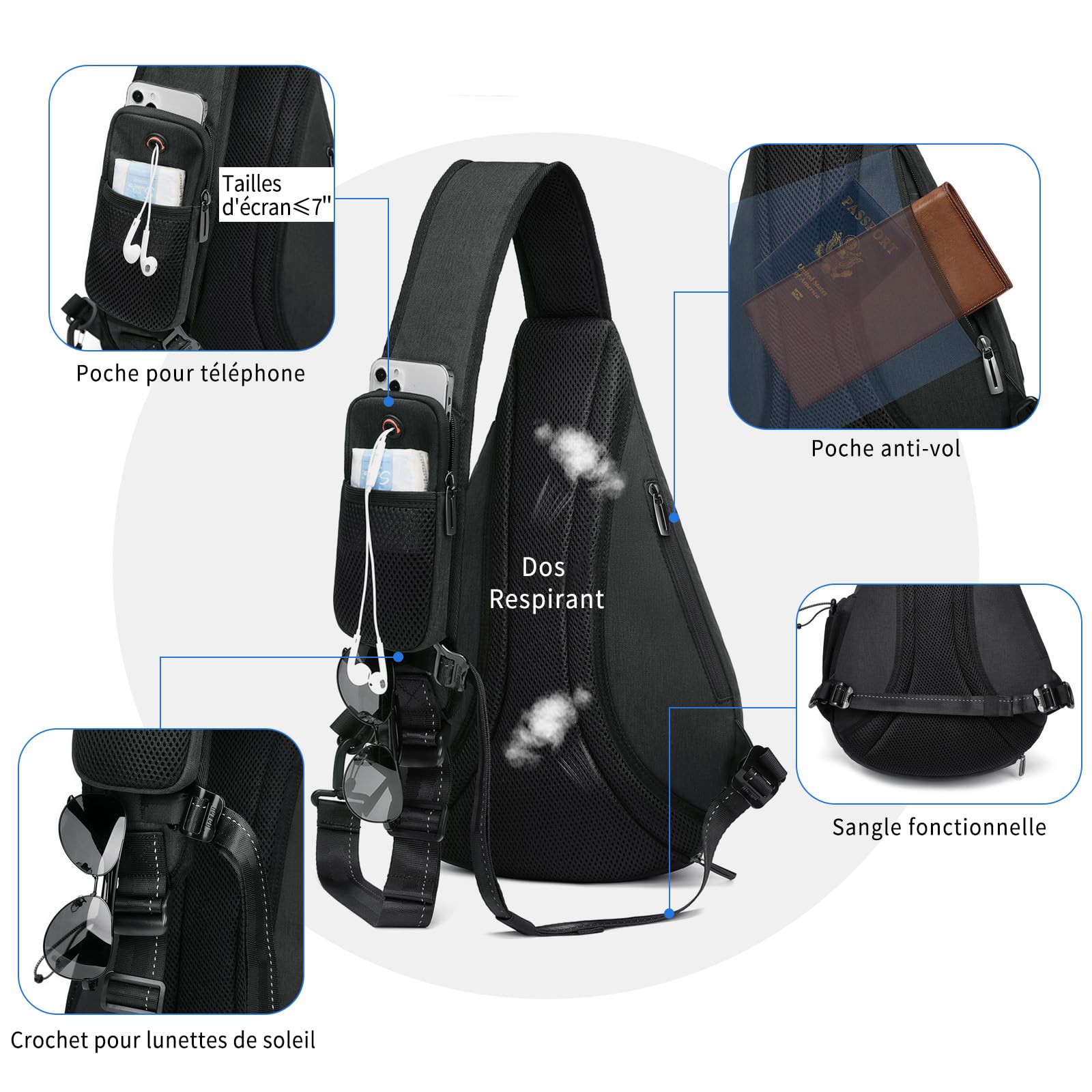 TUDEQU Sac à bandoulière pour Hommes, Sac à Dos à bandoulière avec 8 Poches pour Hommes, Sac à bandoulière de 19L pour Hommes