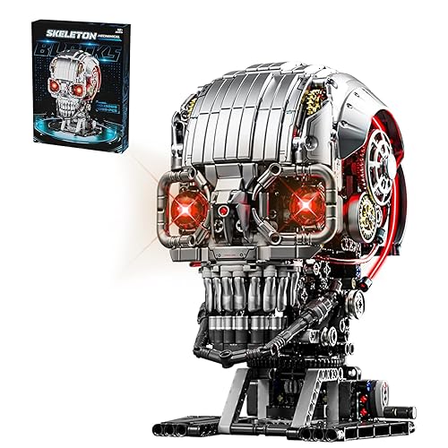 CSNRHG Mechanical Skull Building Block Set 1099+ Pieces 3D Poseable Model with Mandibular Teeth Bite Drive for STEM Toys for Kids & Adults Perfect for Horror Fans & Gothic Room Decor - Skull