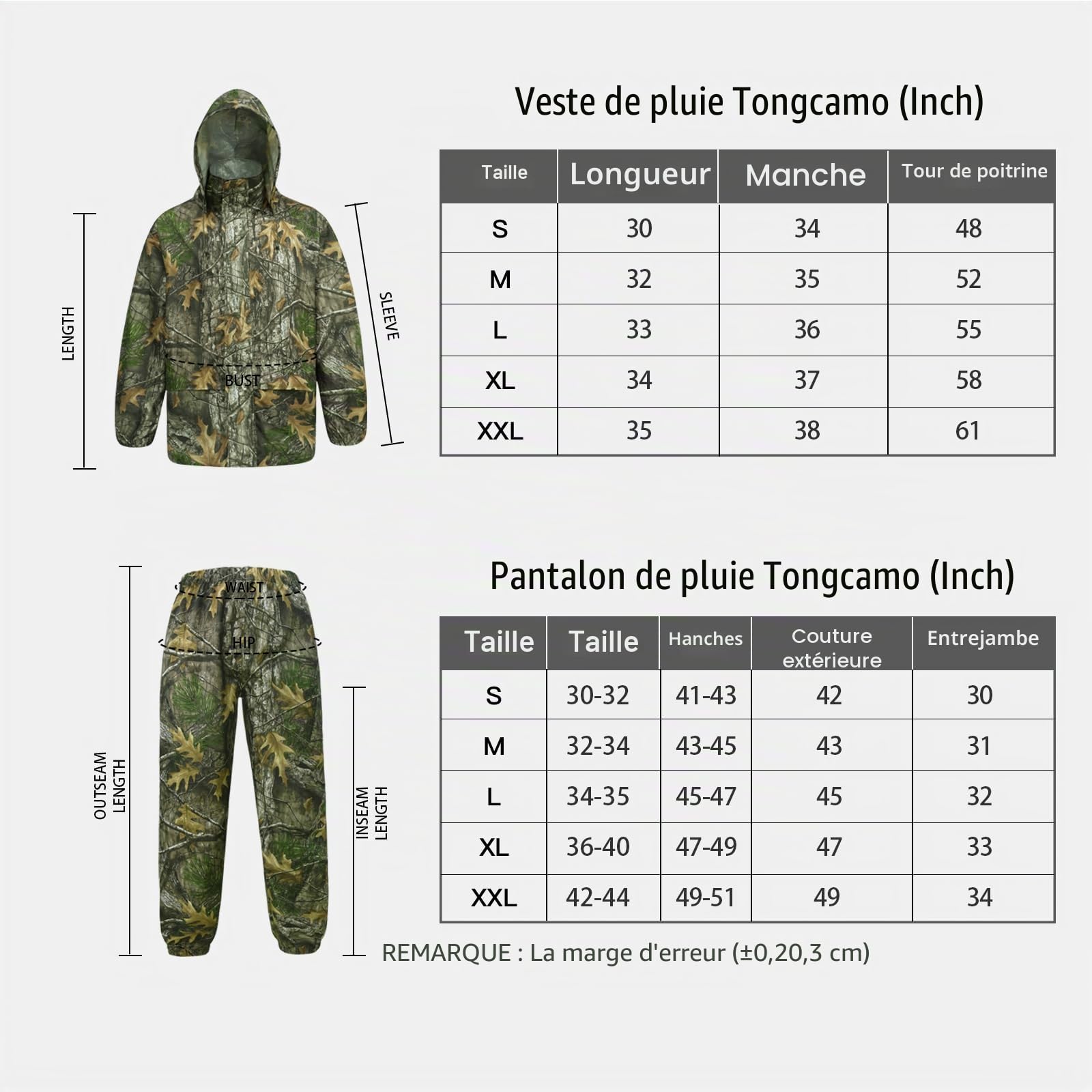 Combinaisons de Pluie pour Hommes imperméables - Veste de Pluie Pantalon Adulte Imperméable léger avec Capuche Chasse Camo