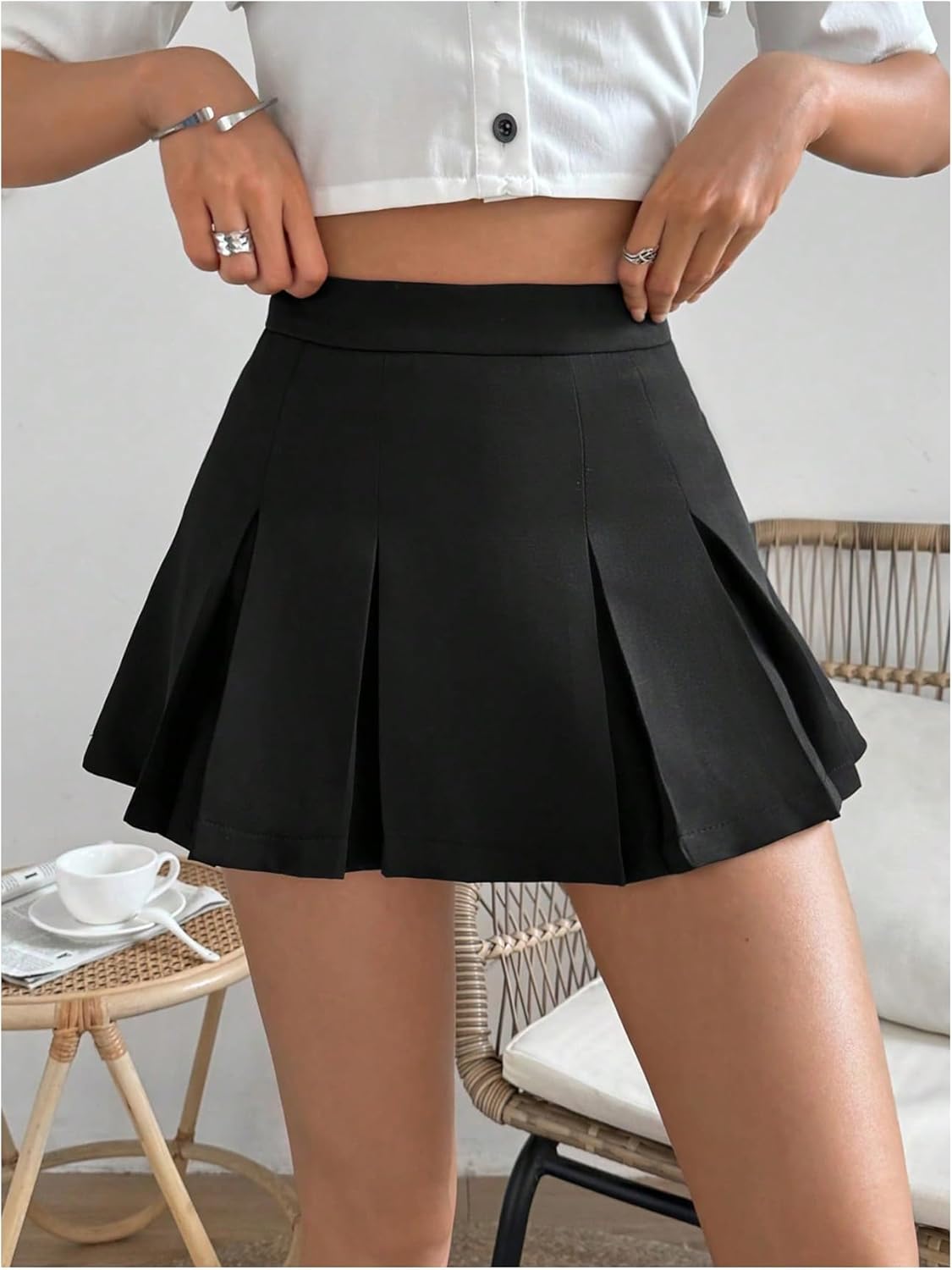 WDIRARA Women's High Waisted Pleated Skirt Skater A Line Mini Uniform Skirt - Image 4