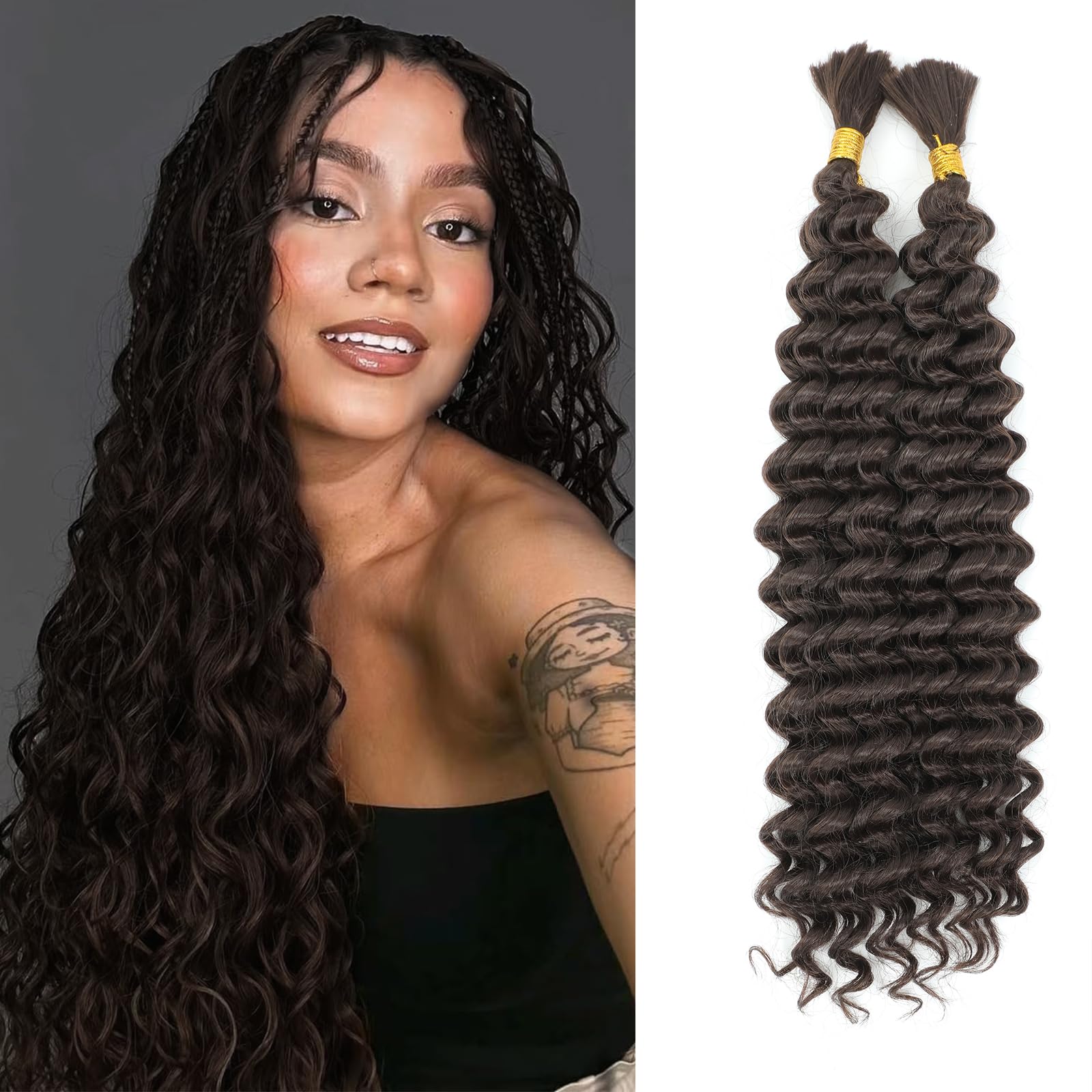 Deep Wave Bulk Hair for Braiding 18 Inch No Weft Deep Wave Bundles Curly Braiding Hair Extensions for Boho Braids and Wavy Braiding Hair 2 Braids per Pack (4#
