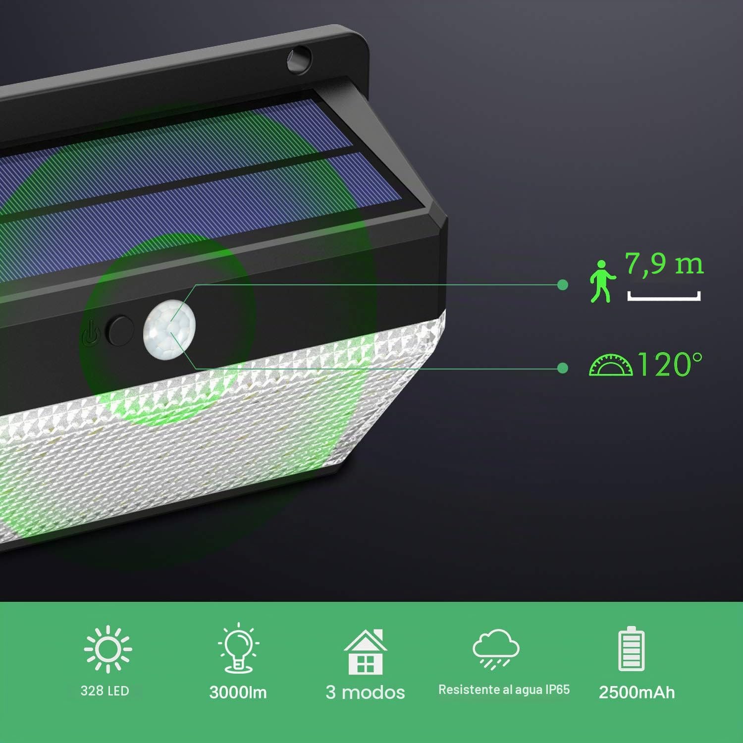 Ekrist Luz Solar Exterior, 328 LED【3000lm-Más Brillante & Amplio Iluminación】 Foco con Sensor de Movimiento, 2500mAh 3 Modos Impermeable Luz para Jardín 2 Paquete
