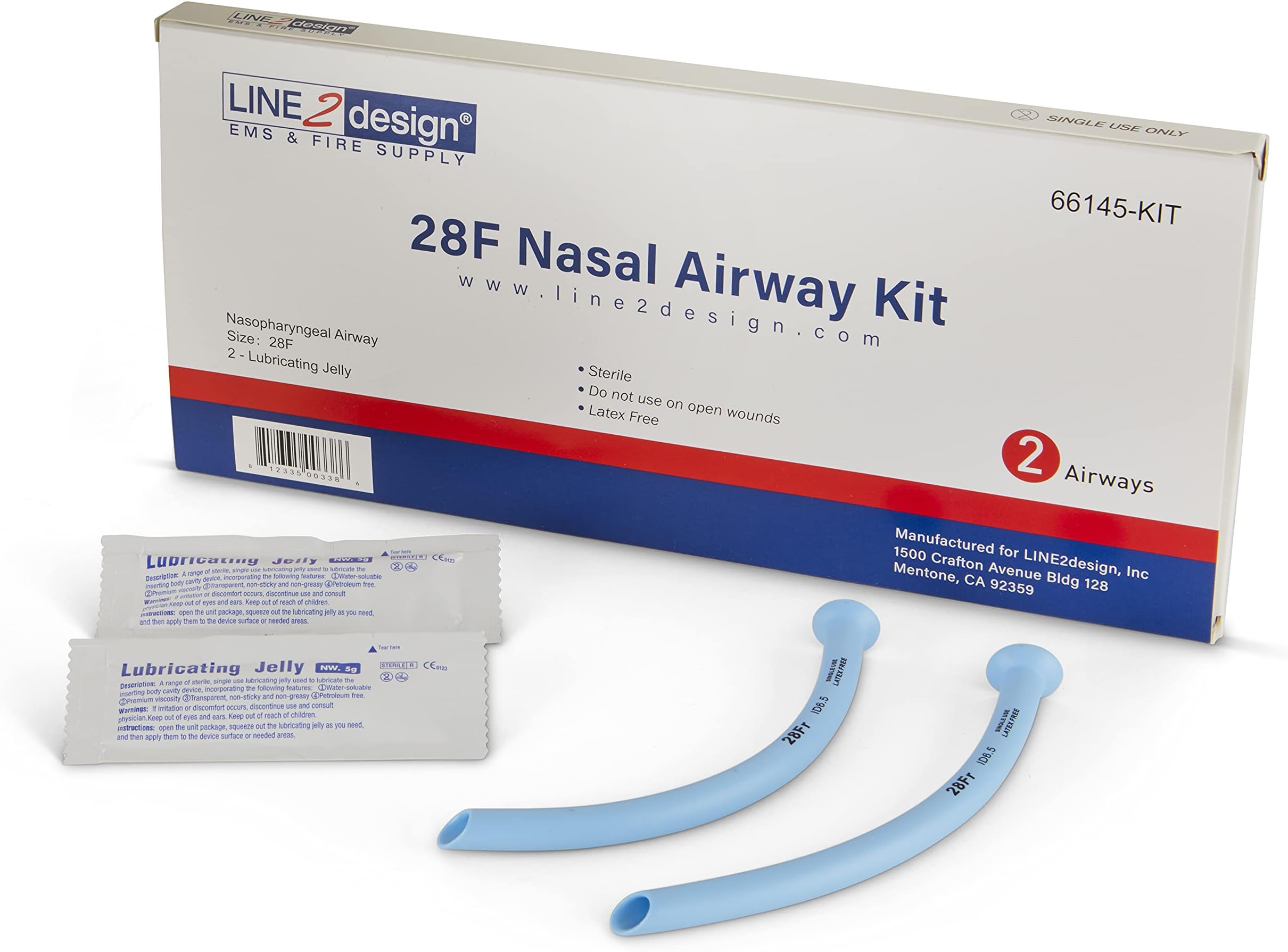 LINE2design Nasal Airway Kit 28F - Medical Nasopharyngeal Management Trauma Airways - First Aid Emergency Rescue Latex Free Respiration Tubes with Lubricating Jelly Packets - Pack of 2